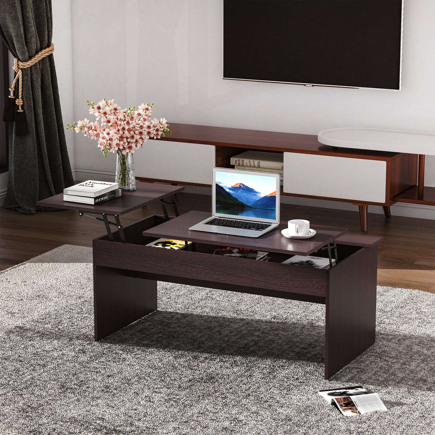 Modern Lift Top Coffee Table Hidden Compartment Living Room Dark Brown