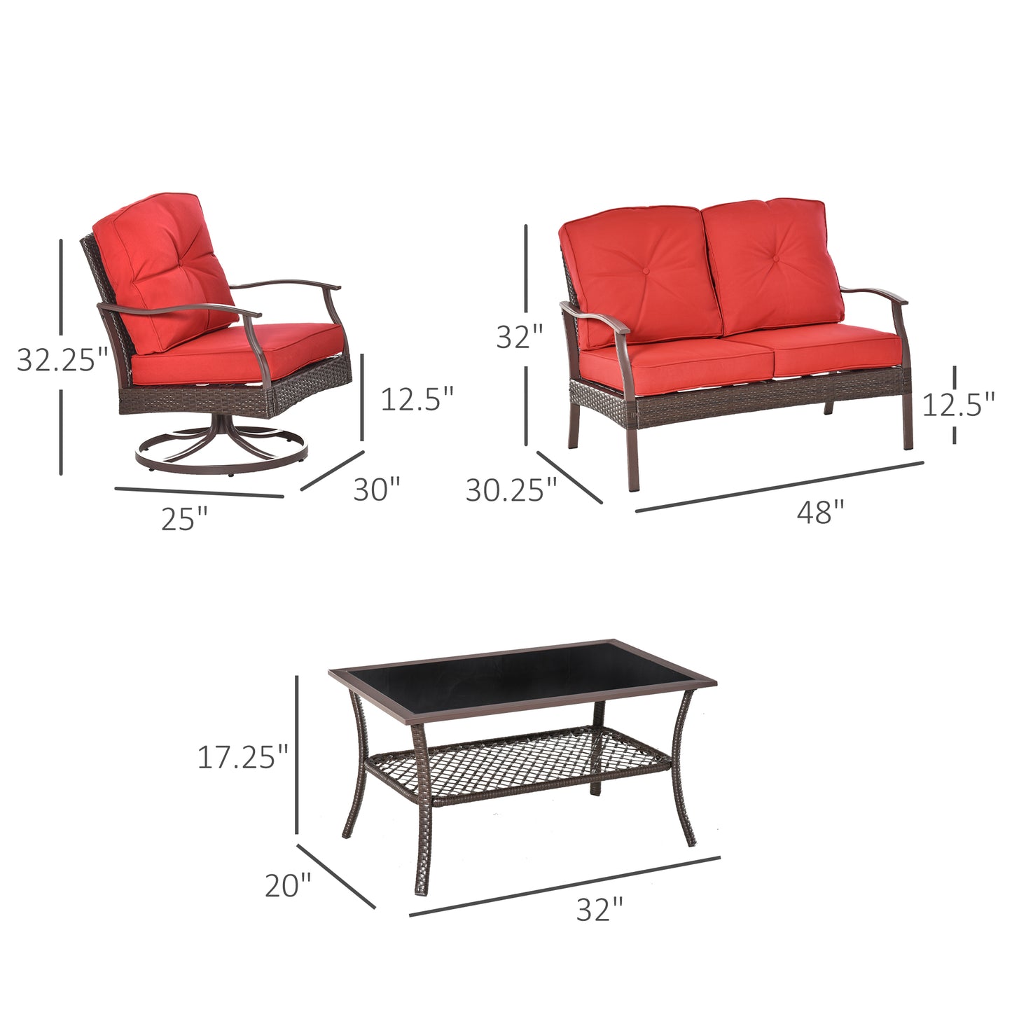 Outsunny 4 PCS Patio PE Rattan Wicker Sofa Sets Outdoor All Weather Conversation Furniture w/ Two Tier Tea Table & Olefin-Feel Cushions, Red