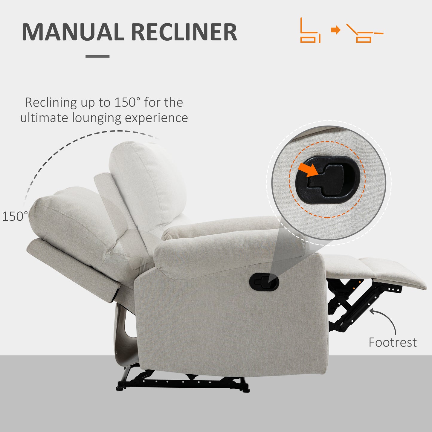 Recliner Sofa Manual Reclining Chair with Footrest Padded Seat for Living Room, Bedroom, Study, Cream White