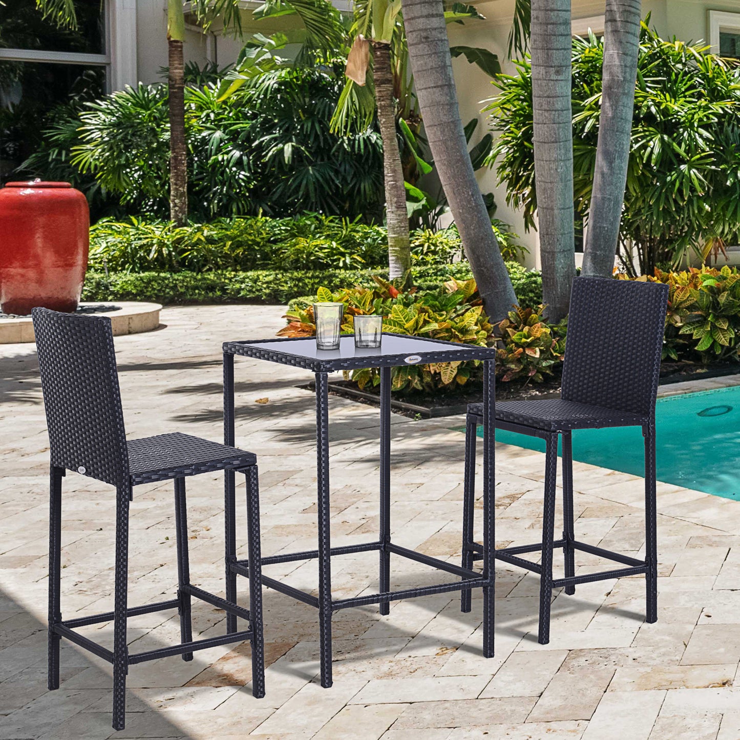 Outsunny 3 Pieces Patio Bar Set Wicker Rattan Garden Deck Bistro Set Barstool and Table Outdoor Furniture for Patios Backyards Balcony Gardens Poolside, Black