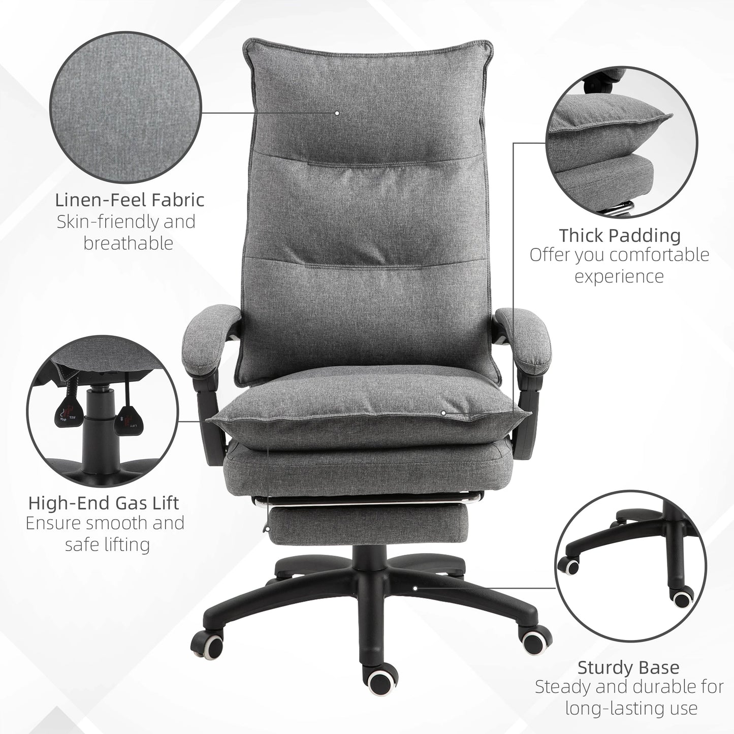 Office Chair 360° Swivel Adjustable Height Linen Style Fabric Recliner with Retractable Footrest and Double Padding, Grey