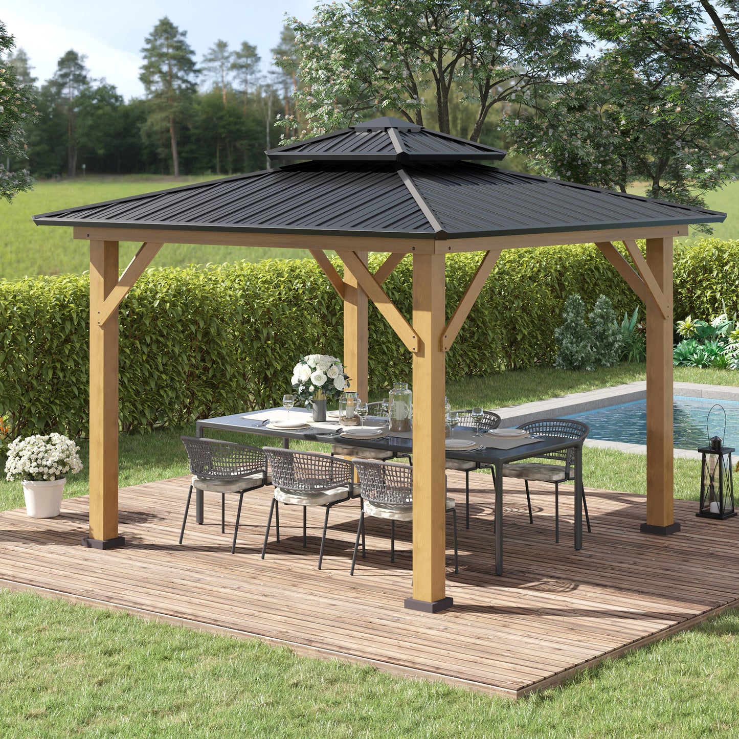 11' x 11' Wood Frame Hardtop Gazebo Galvanized Steel Canopy Outdoor Shelter with Double Vented Roof for Garden, Lawn, Poolside, Black