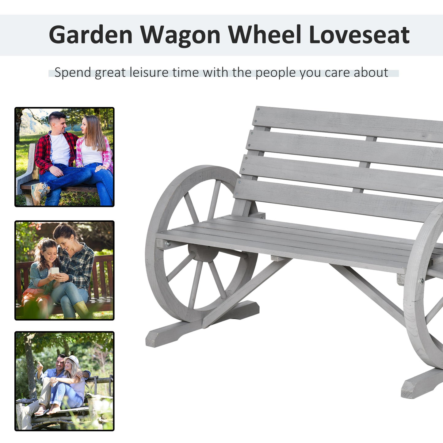 Outsunny 42" Wood Wagon Wheel Bench Garden Loveseat Rustic Seat Relaxing Lounge Chair Outdoor Decorative Seat Park Decor Grey