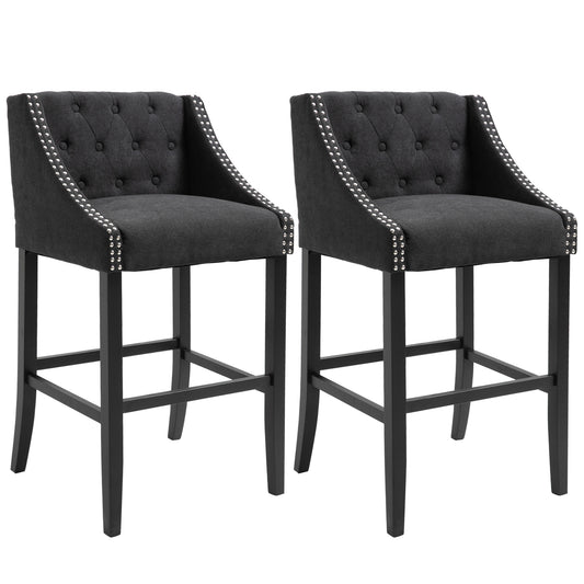 Set of 2 Height Bar Chairs Button Tufted Barstools for Kitchen w/ Nailhead Trim, Footrest, Upholstered Seat, Solid Wood Leg, Dark Grey