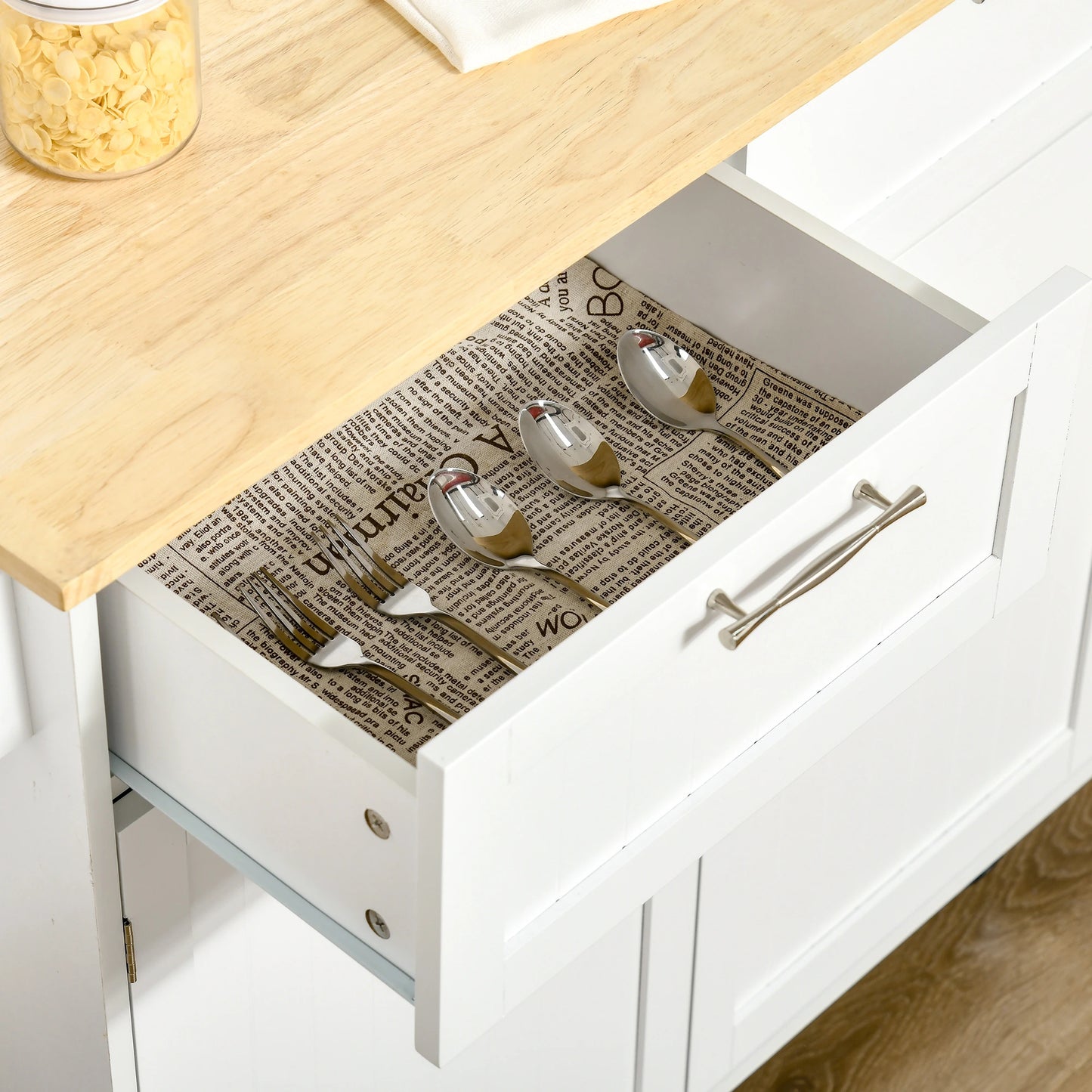 Rolling Kitchen Island with Storage Drawers, Kitchen Cart with Rubber Wood Top, Cabinet & Towel Rack, White