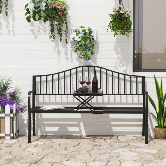 Outsunny Outdoor Garden Bench Porch Loveseat All Weather Metal Frame Black w/ Retractable Middle Table