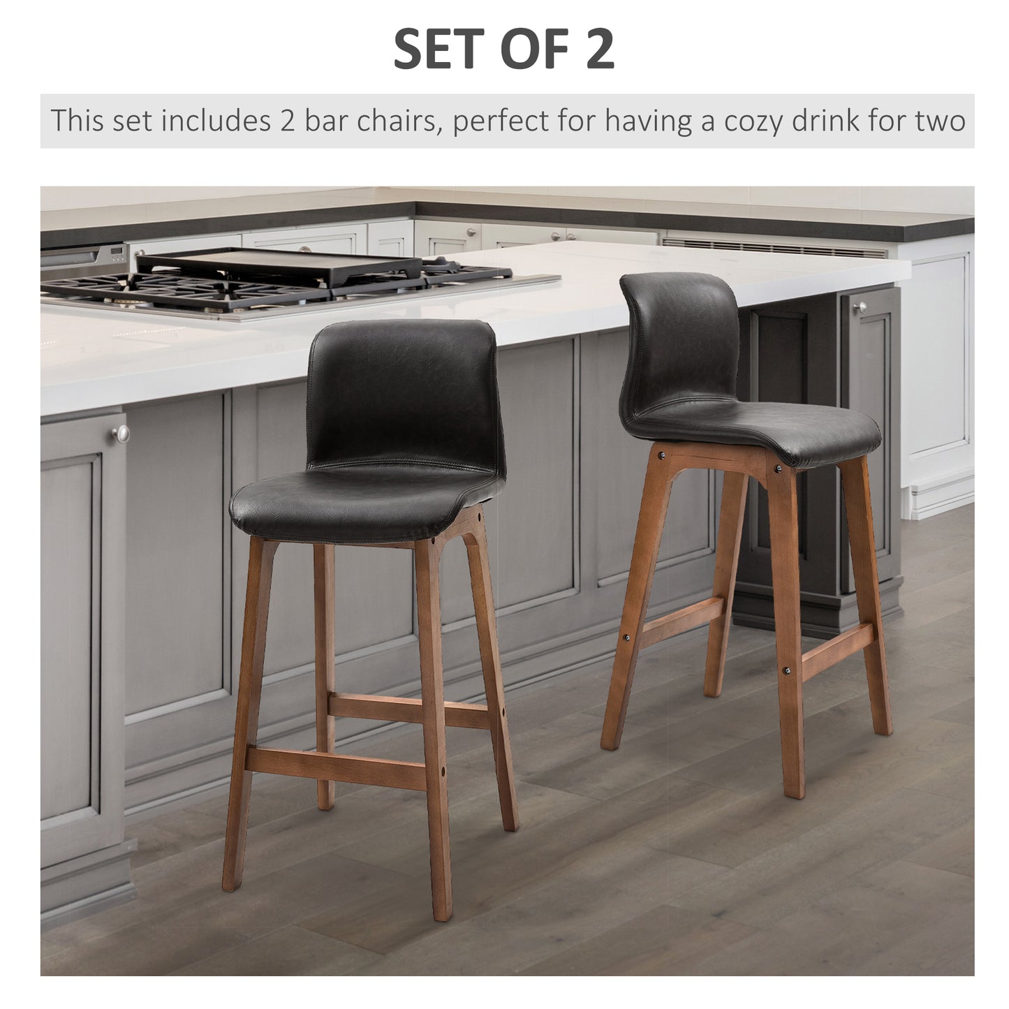 Modern Bar Stools Set of 2, Counter Height Bar Chair with PU Leather Wooden Frame Padding Seats for Dining Room Home Bar Brown