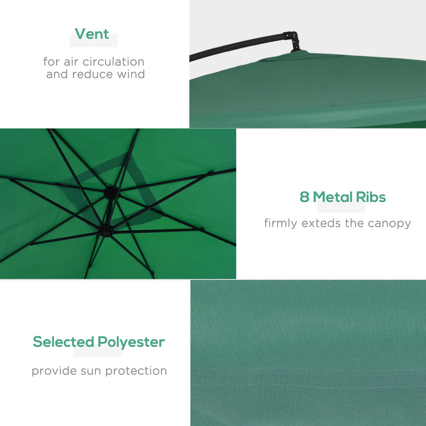 Outsunny Offset Patio Umbrella, Adjustable Canopy Angle Cantilever Patio Umbrella with Net, Cross Base, Weight Plates and 8 Ribs for Backyard, Poolside, Lawn and Garden, Green