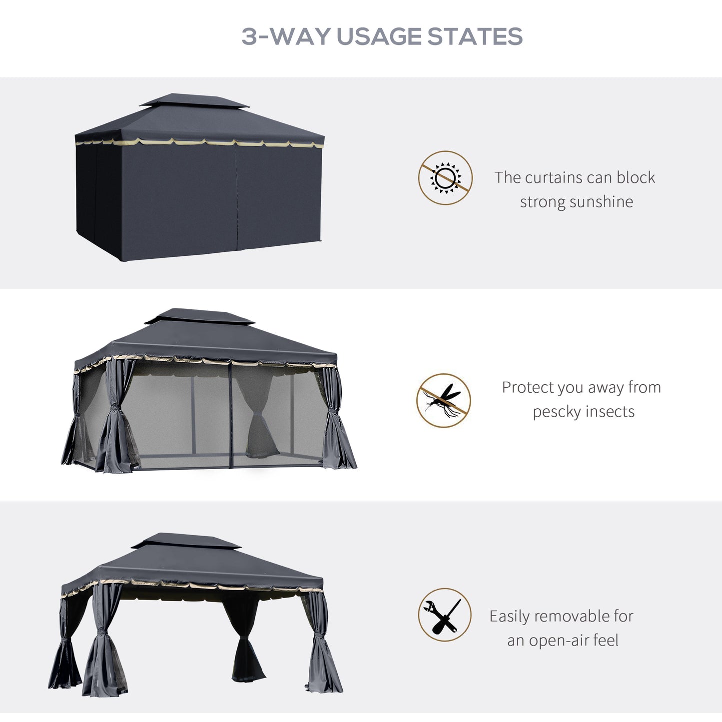 Outsunny 13' x 10' Outdoor Patio Gazebo Canopy with 2-Tier Polyester Roof, Vented Mesh Sidewall & Strong Aluminum Frame, Black