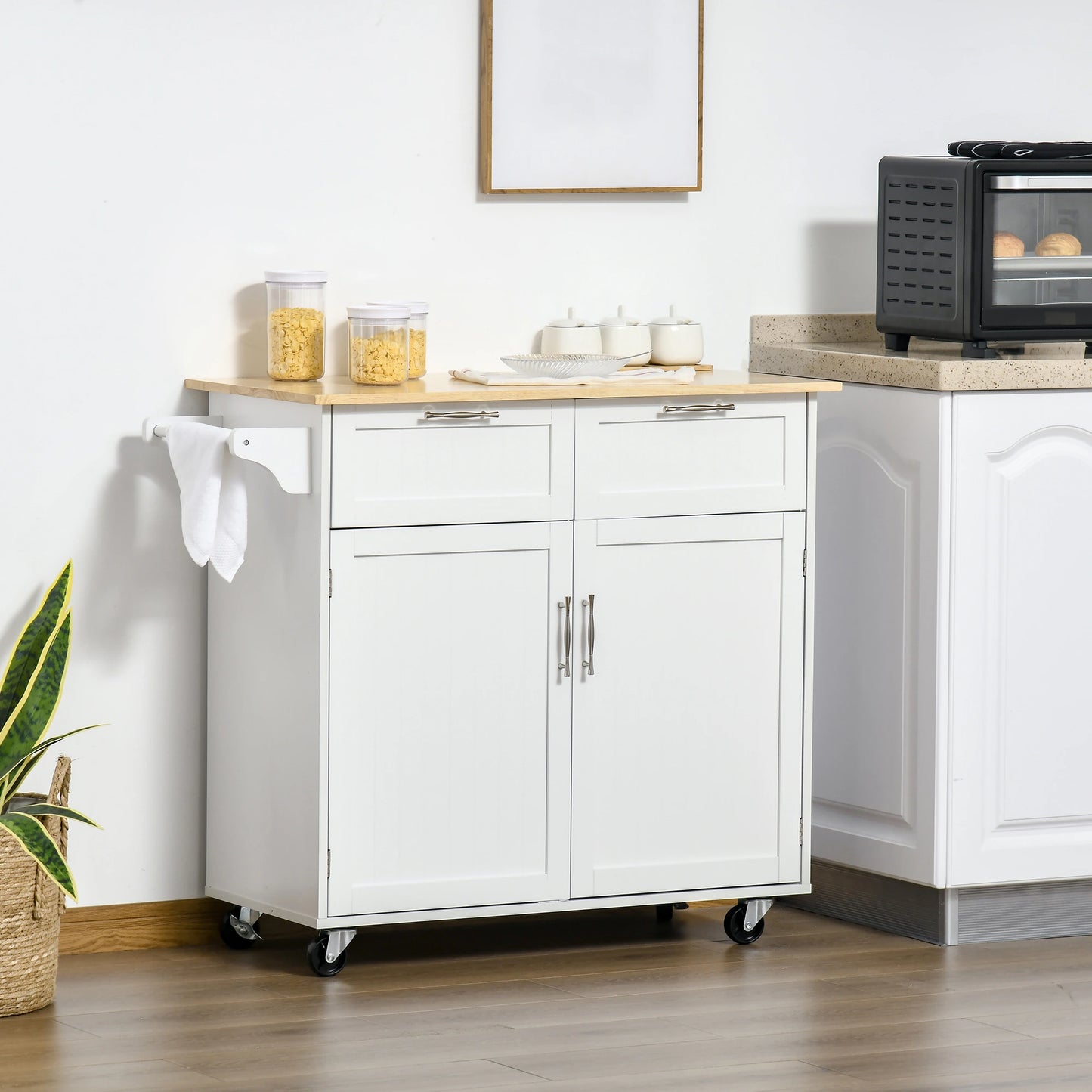 Rolling Kitchen Island with Storage Drawers, Kitchen Cart with Rubber Wood Top, Cabinet & Towel Rack, White