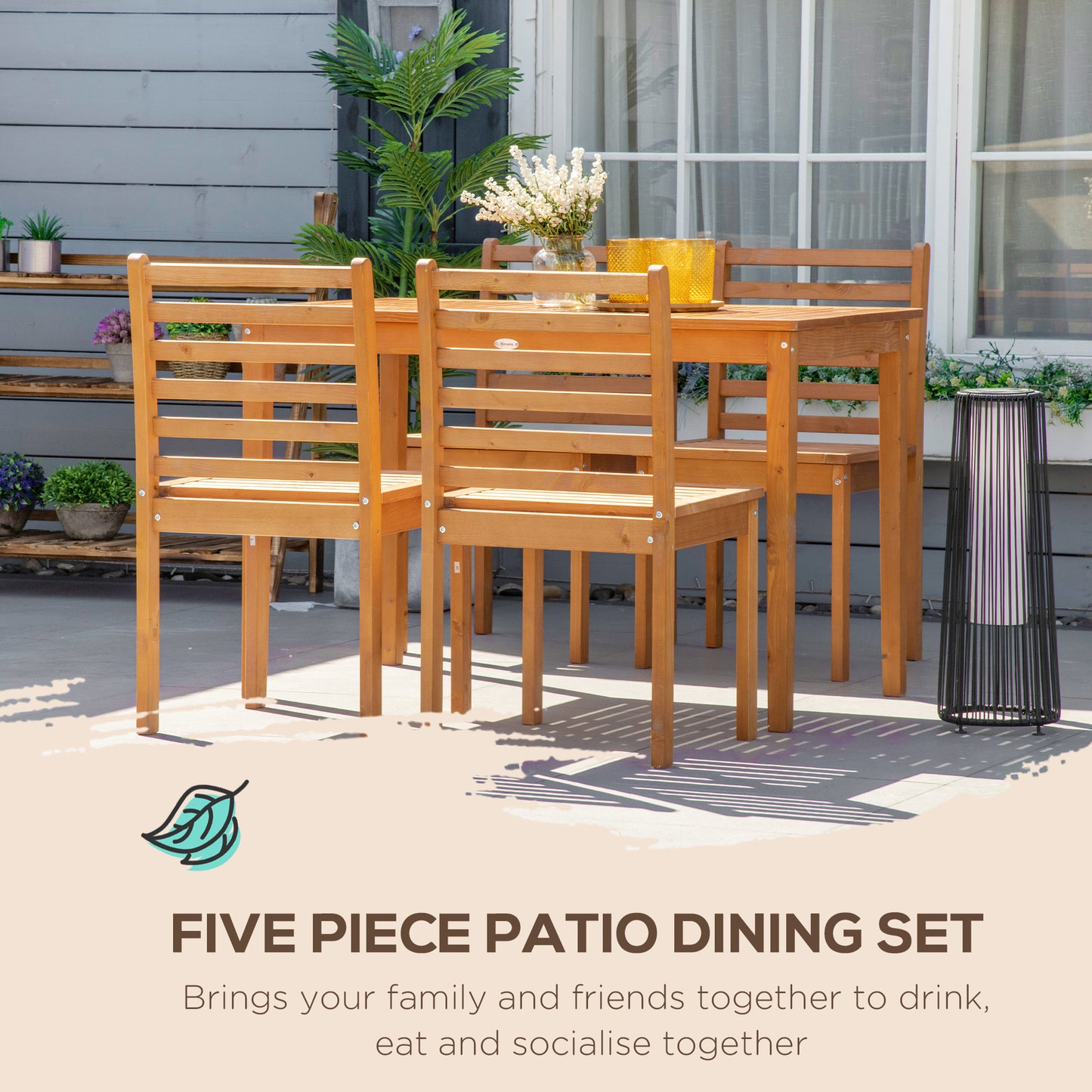 Outsunny 5 Pieces Patio Dining Set for 4, Wooden Outdoor Table and Chairs with Slatted Design for Garden, Patio, Backyard, Orange