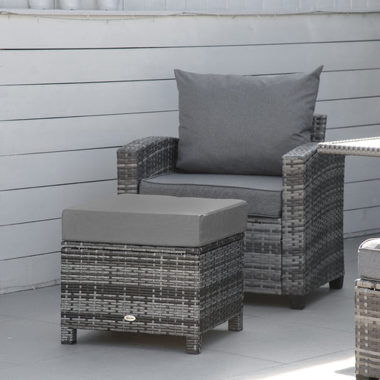 Outsunny Patio Rattan Ottoman, Outdoor Wicker Footrest with Soft Cushion, Metal Frame for Backyard, Garden, Poolside, Gray