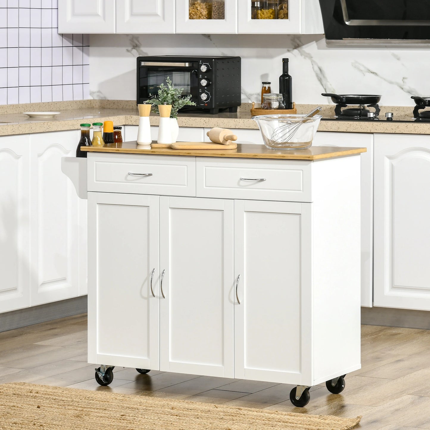 Rolling Kitchen Island Cart on Wheels with Large Bamboo Countertop, 2 Cabinets with Drawers, Adjustable Shelves, White