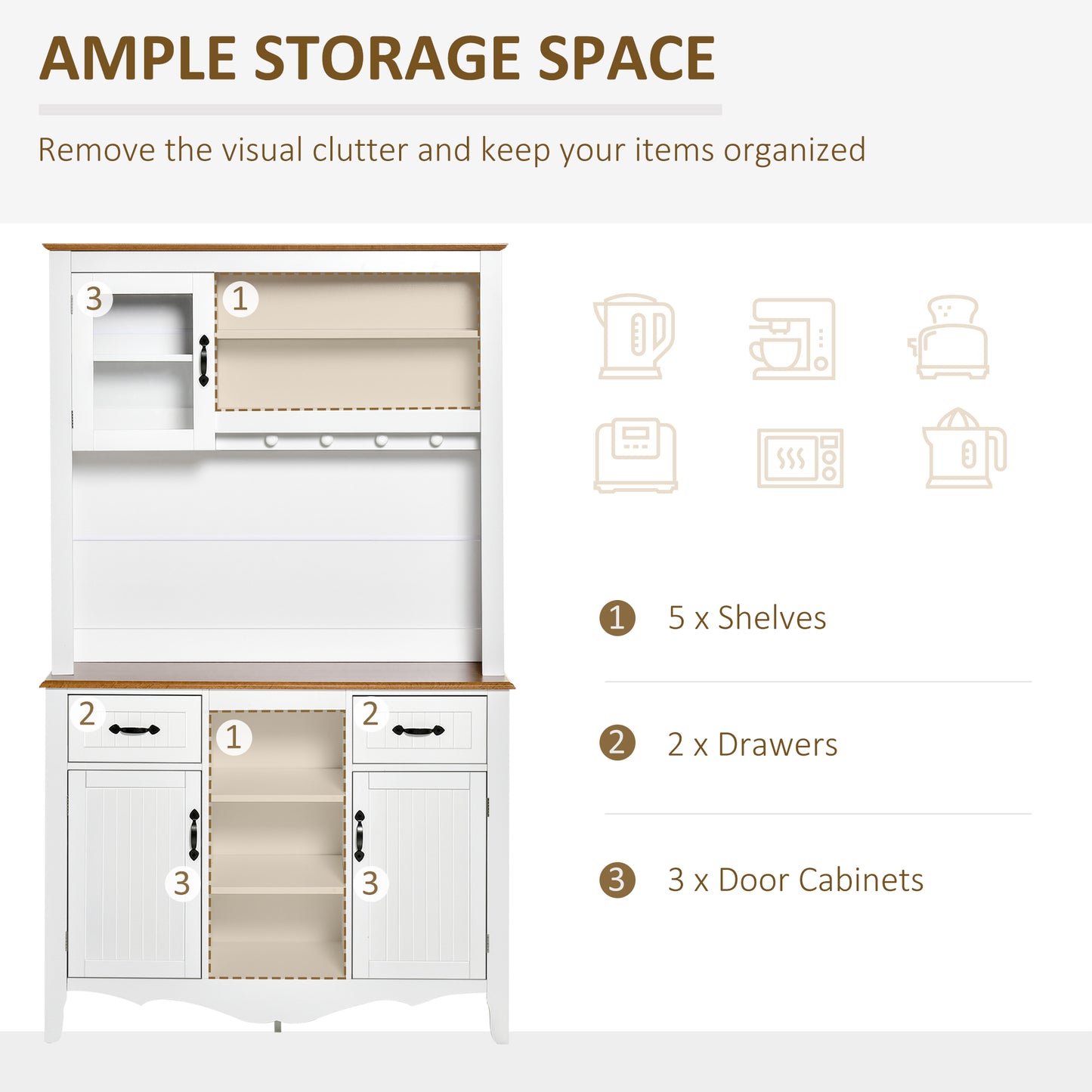 71" Kitchen Buffet with Hutch, Farmhouse Style Storage Cupboard with Utility Drawer, 3 Door Cabinets and 5-tier Shelves, White