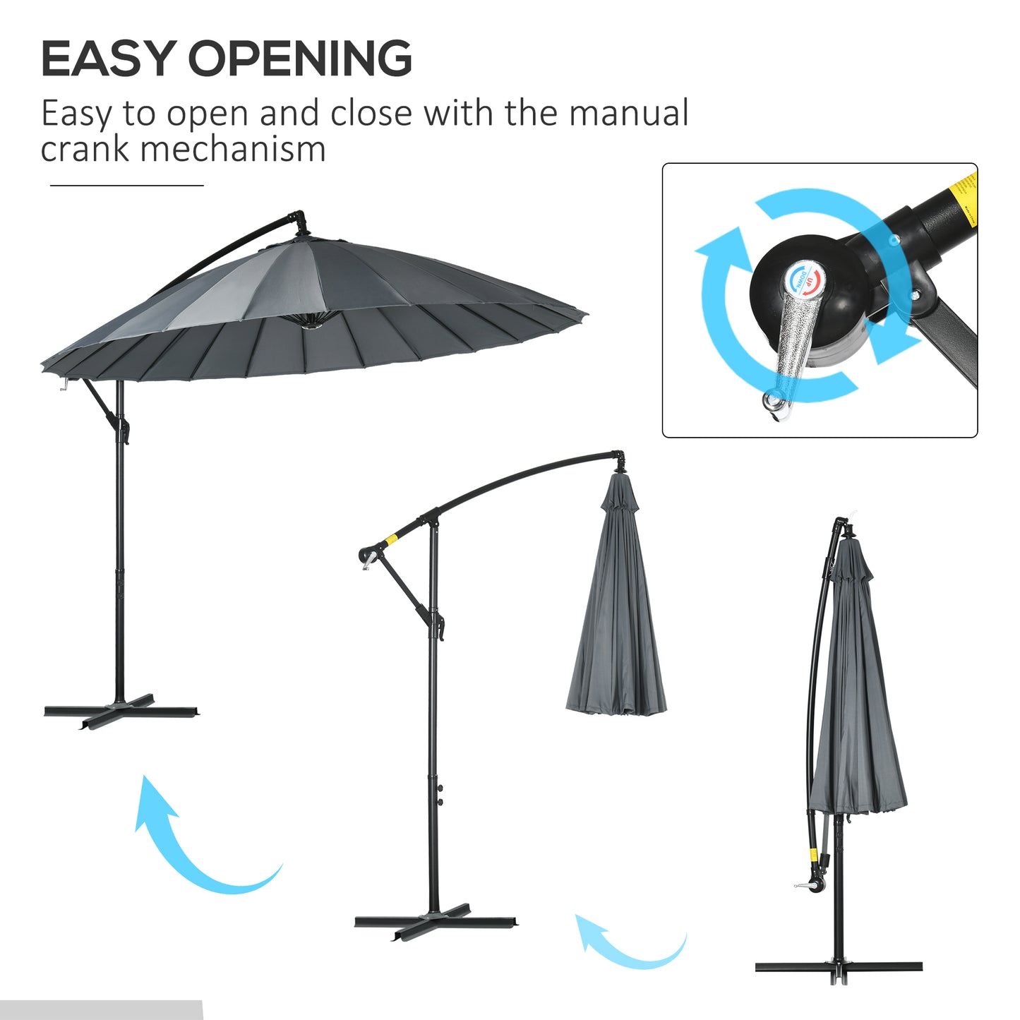 Outsunny 10FT Cantilever Patio Umbrella, Offset Patio Umbrella with Crank and Cross Base for Deck, Backyard, Pool and Garden, Hanging Umbrellas, Dark Gray