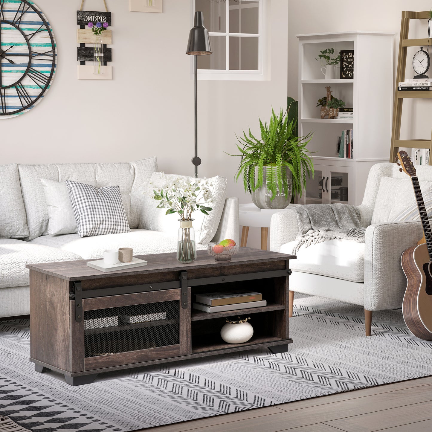 Farmhouse Coffee Table with Sliding Mesh Barn Door, Industrial Center Table with Adjustable Shelf for Living Room, Dark Brown