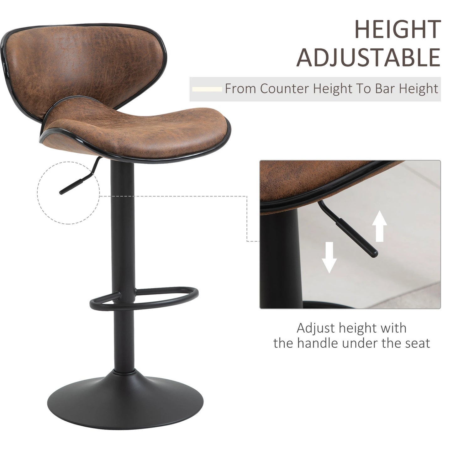 Vintage Bar Stool Set of 2 Faux Leather Adjustable Height Armless Chairs with Swivel Seat, Brown