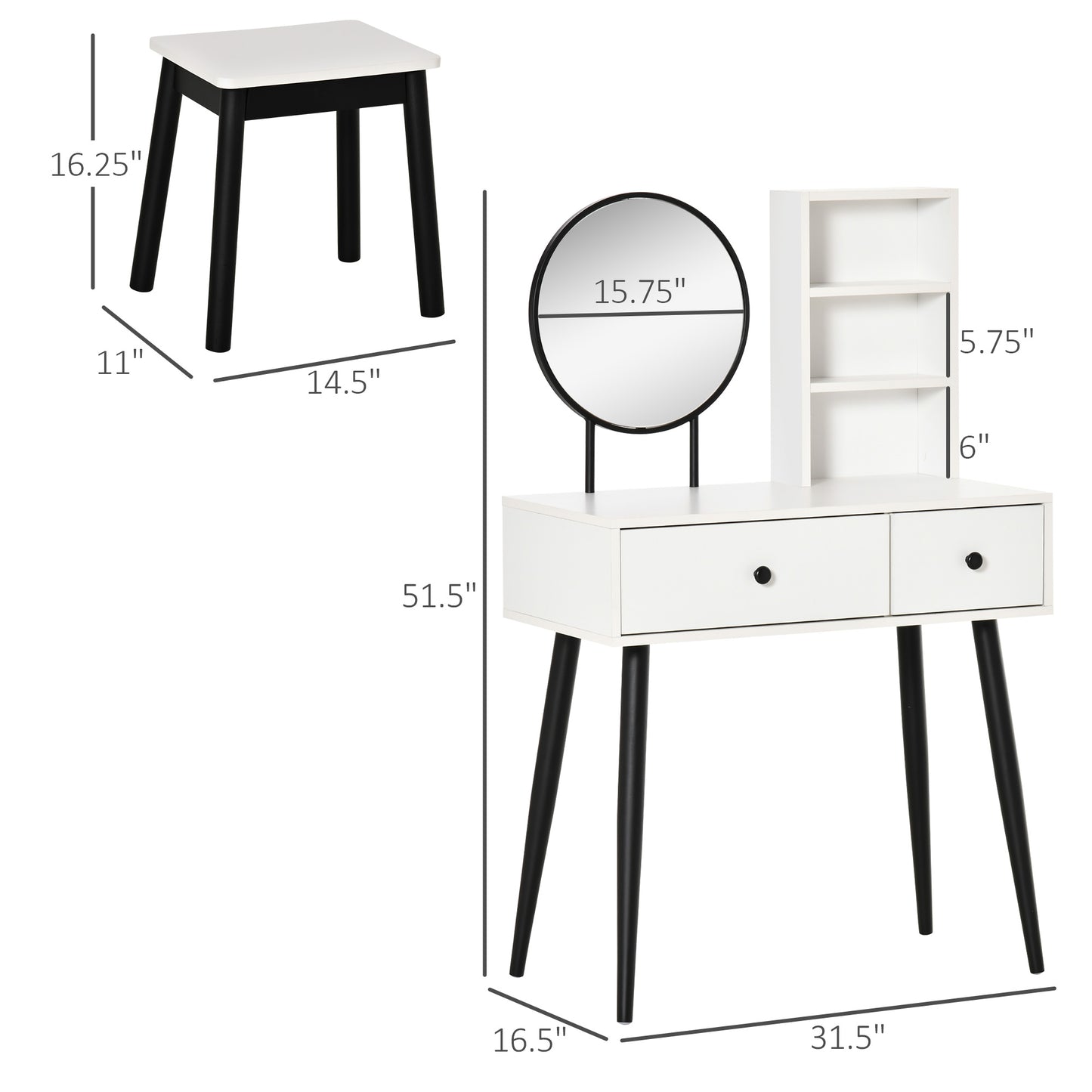 Vanity Set, Makeup Dressing Table Set with Stool, Wood Vanity Desk with Mirror, Storage Drawers and Shelf for Bedroom, White and Black