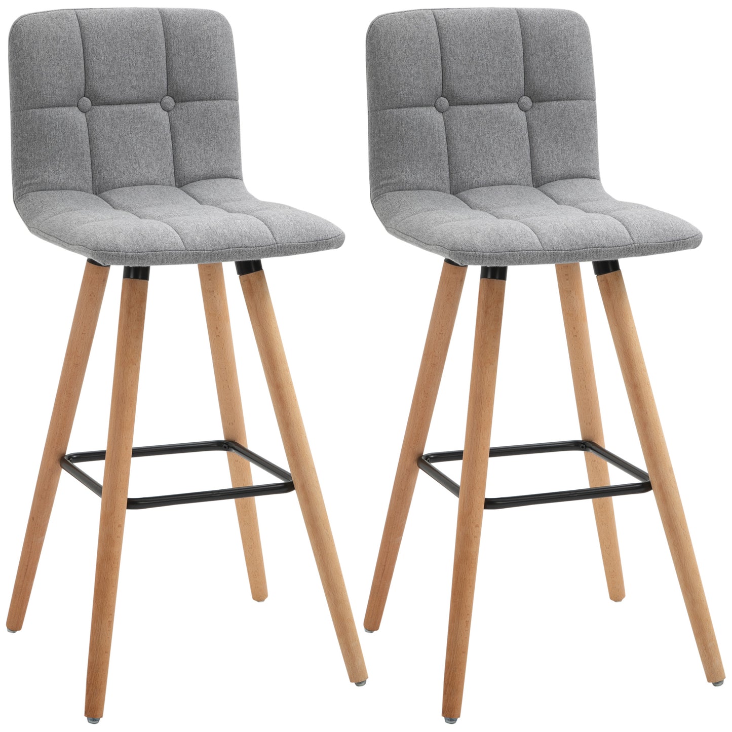 Modern Bar Stools Set of 2, 38" Upholstered Kitchen Island Stool with Solid Wood Legs, Backrest and Steel Footrest for Dining Room, Kitchen Counter, Grey