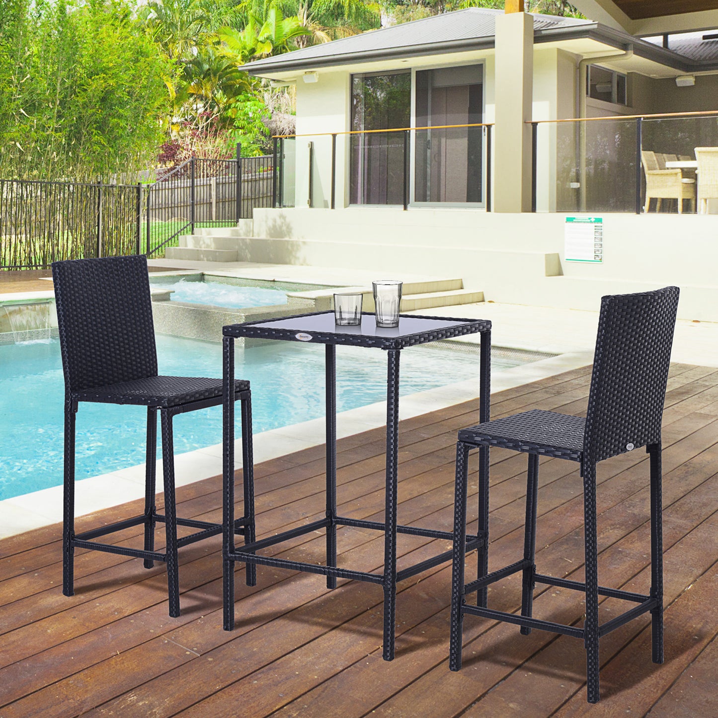 Outsunny 3 Pieces Patio Bar Set Wicker Rattan Garden Deck Bistro Set Barstool and Table Outdoor Furniture for Patios Backyards Balcony Gardens Poolside, Black