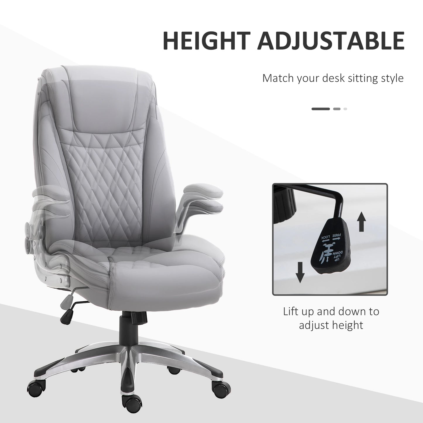 High-Back Office Chair Executive Swivel Computer Desk Chair, with PU Leather, Flip-up Armrest, Grey