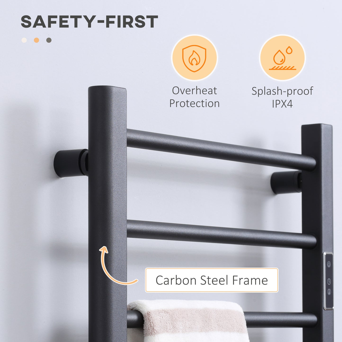 8-Bar Bathroom Heated Towel Rail with Built-in Timer and Led Indicators, Wall Mounted & Free Standing Carbon Steel Electric Towel Warmer Towel Drying Rack, Plug-in, Black