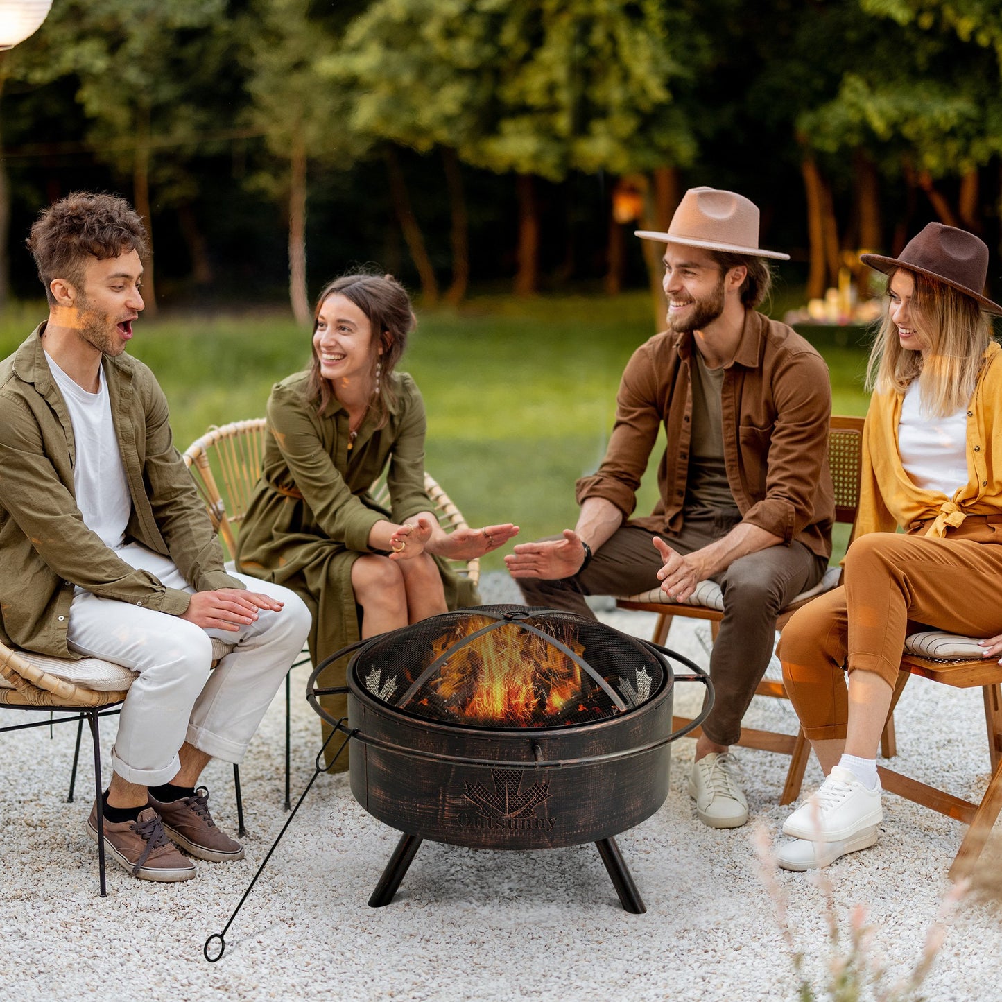 Outdoor Fire Pit with Screen Cover, Wood Burning Firebowl with Poker for Patio, Backyard, Black