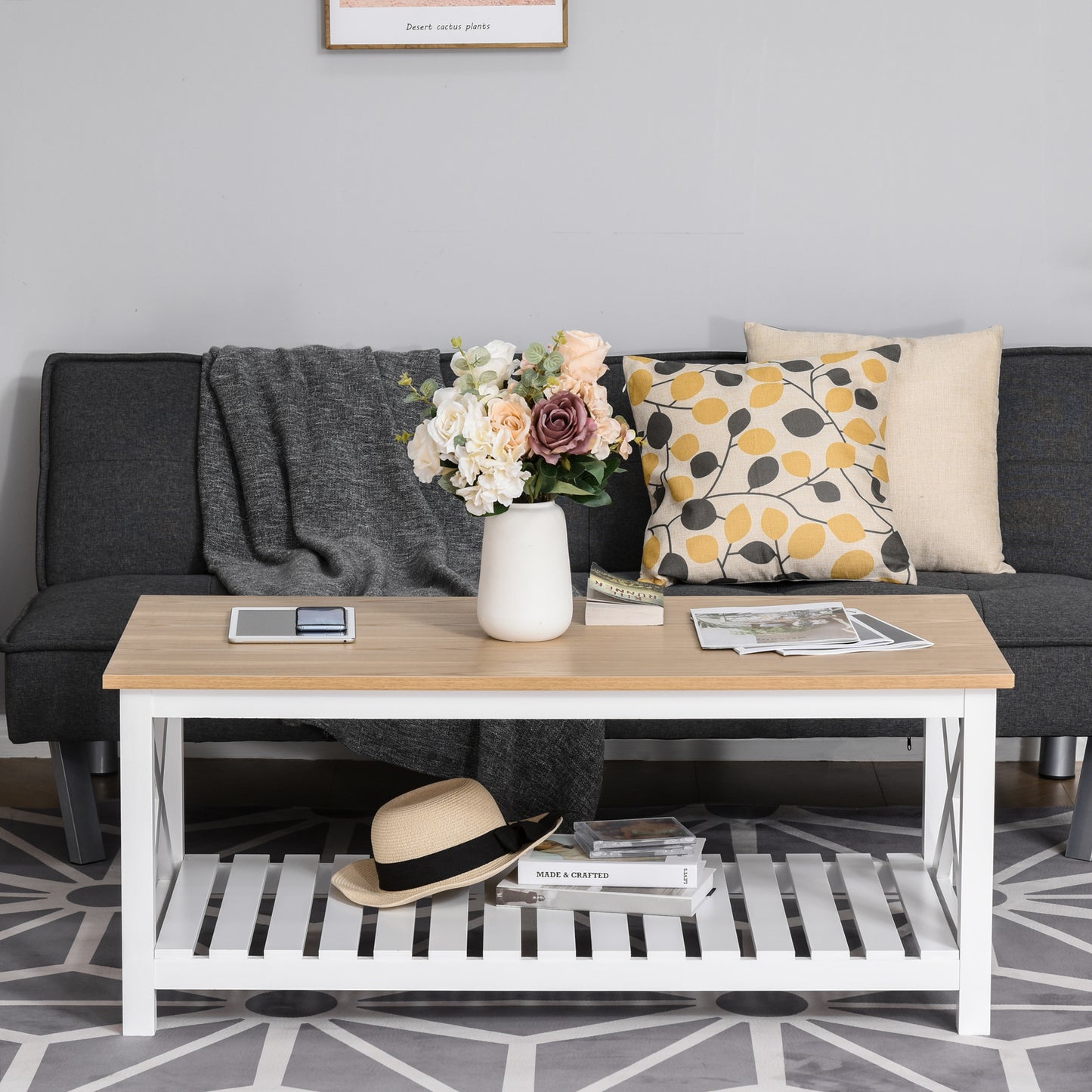 Farmhouse Coffee Table with Slatted Bottom Shelf, Center Table with X Bar Frame for Living Room, White, Natural