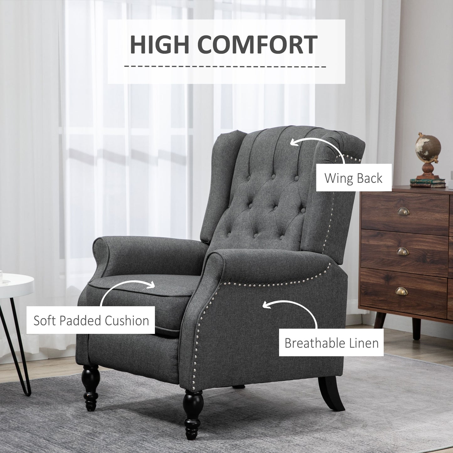 Manual Reclining Sofa, Fabric Push Back Recliner Chair with Button Tufted Backrest, Nail Head Trim, Armrest, Dark Gray