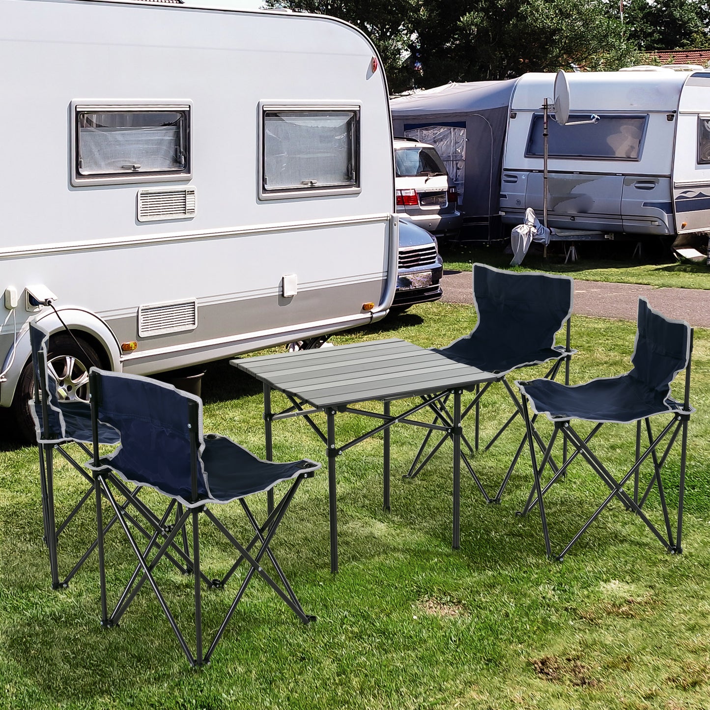 Outsunny Portable Picnic Table with 4 Stools and Carry Bag, Folding Camping Table and Chairs Set w/ Aluminum Roll-up Tabletop for Indoor Outdoor Travel Party BBQ