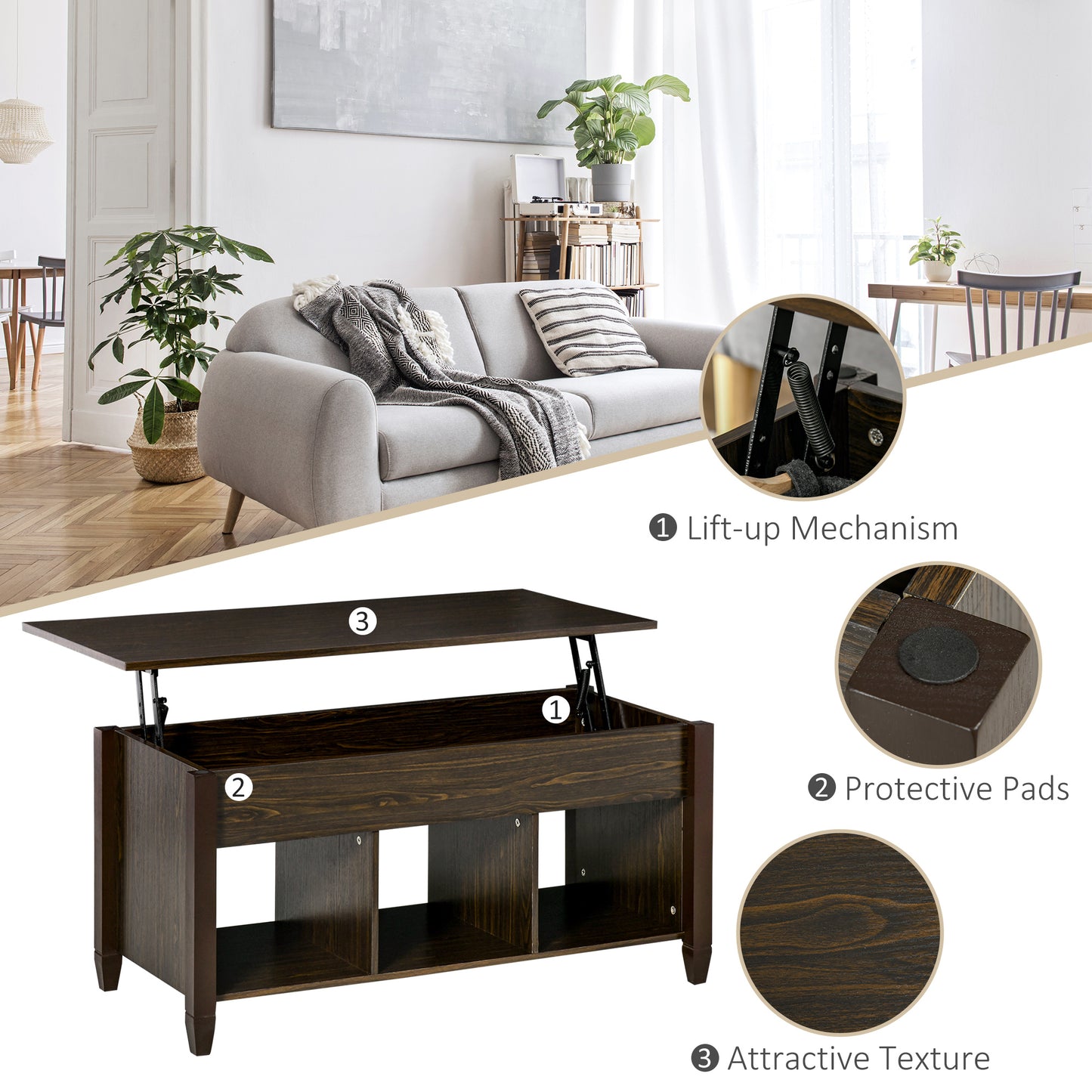 Lift Top Coffee Table with Hidden Storage Compartment and 3 Lower Shelves, Pop-Up Center Table for Living Room, Espresso