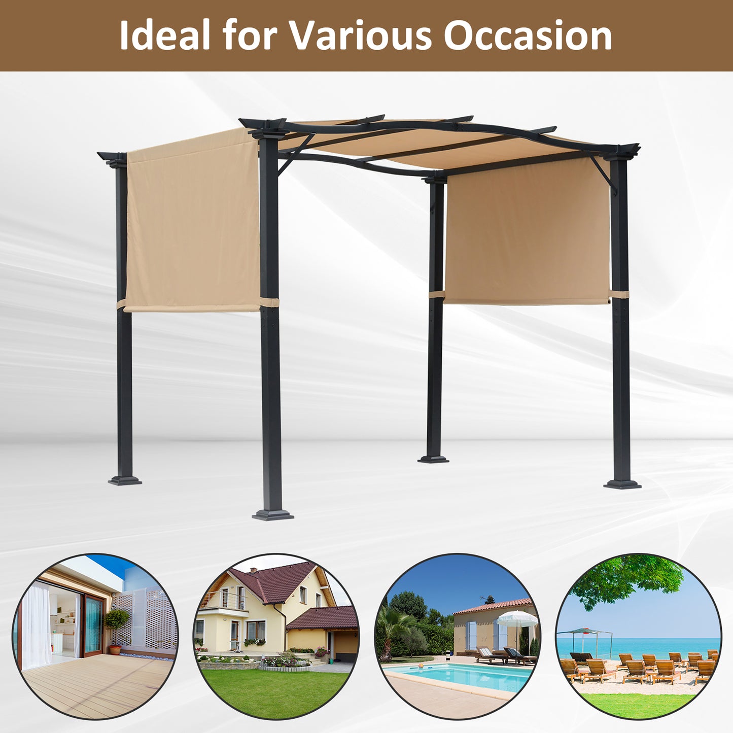 10' x 8' Outdoor Retractable Pergola Garden Gazebo with Two Adjustable Side Canopy Overhead Sun Shade Backyard Canopy Cover Khaki