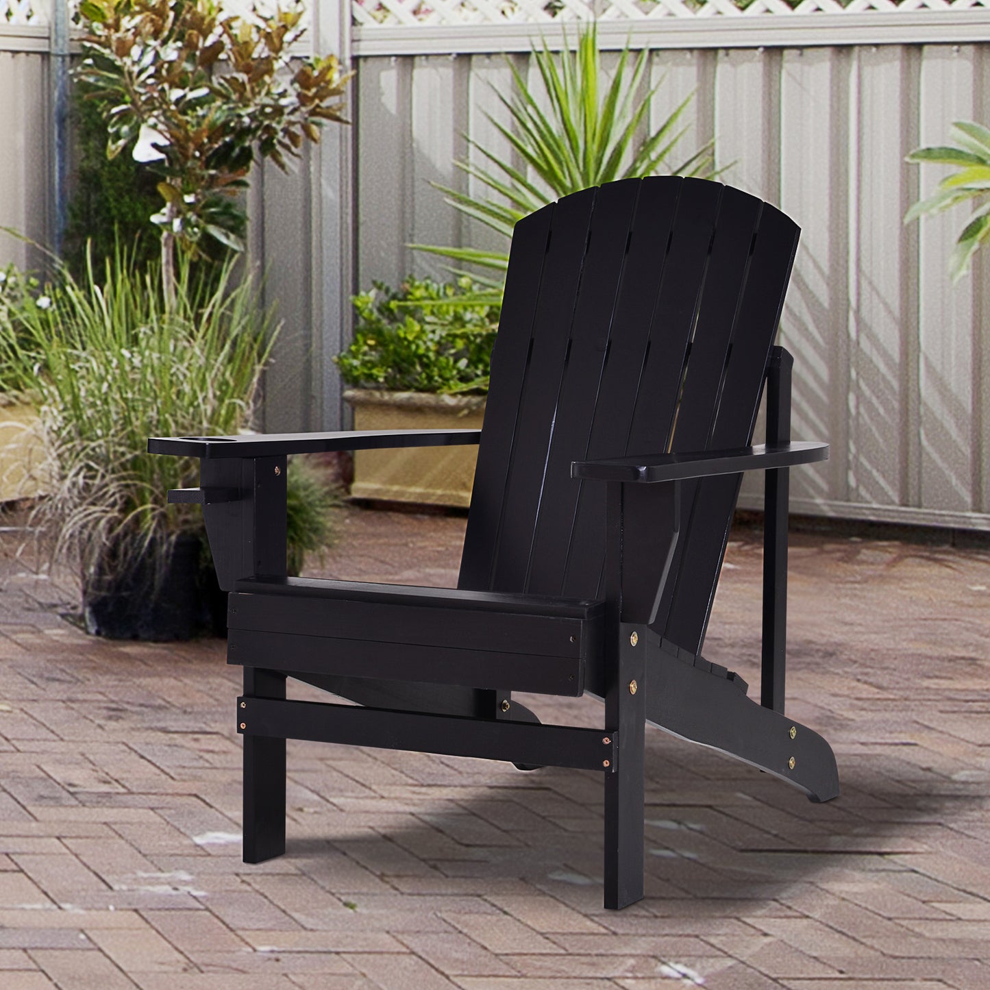 Outsunny Classic Adirondack Chair, Muskoka Chairs, Garden Deck Chair with Cup Holder for Patio, Indoor, Backyard, Black