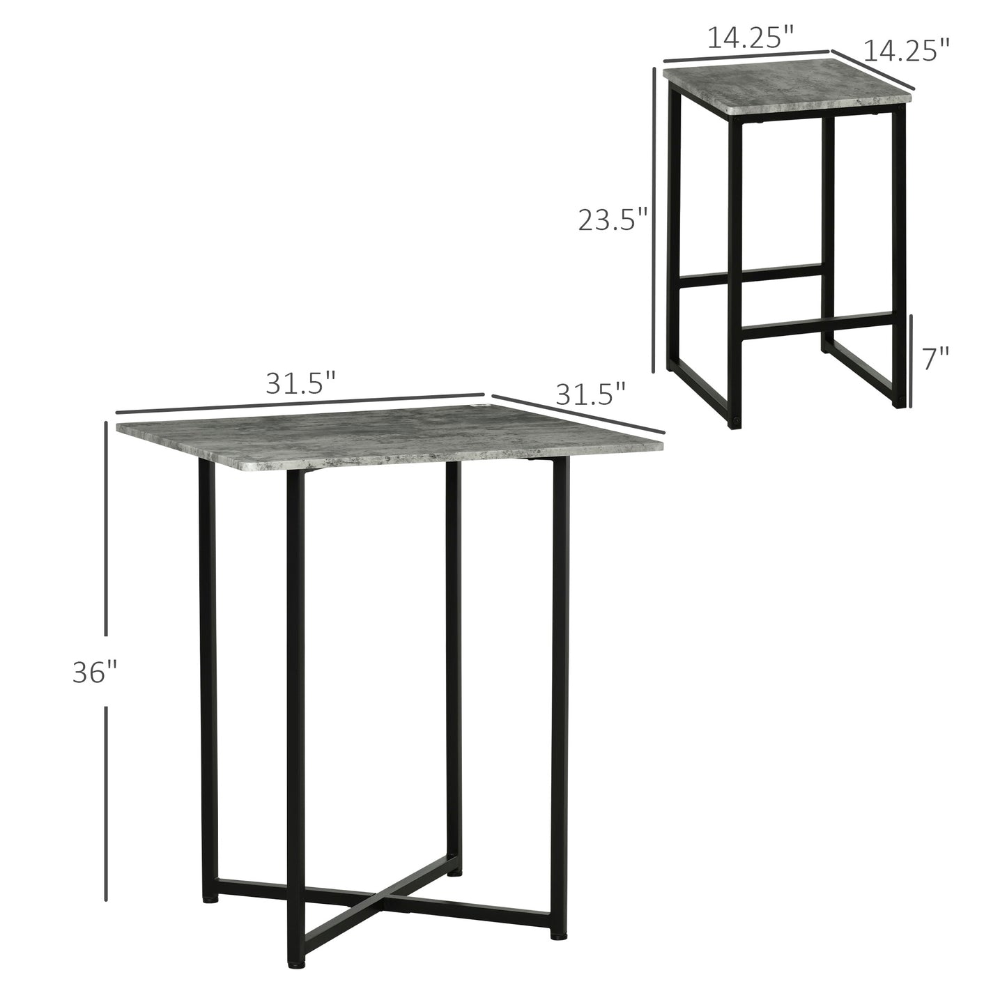 Square Bar Table with Stools, Concrete Effect 5 Pieces Small Kitchen Table and Chairs Set for 4 People, Pub Table Set, Grey