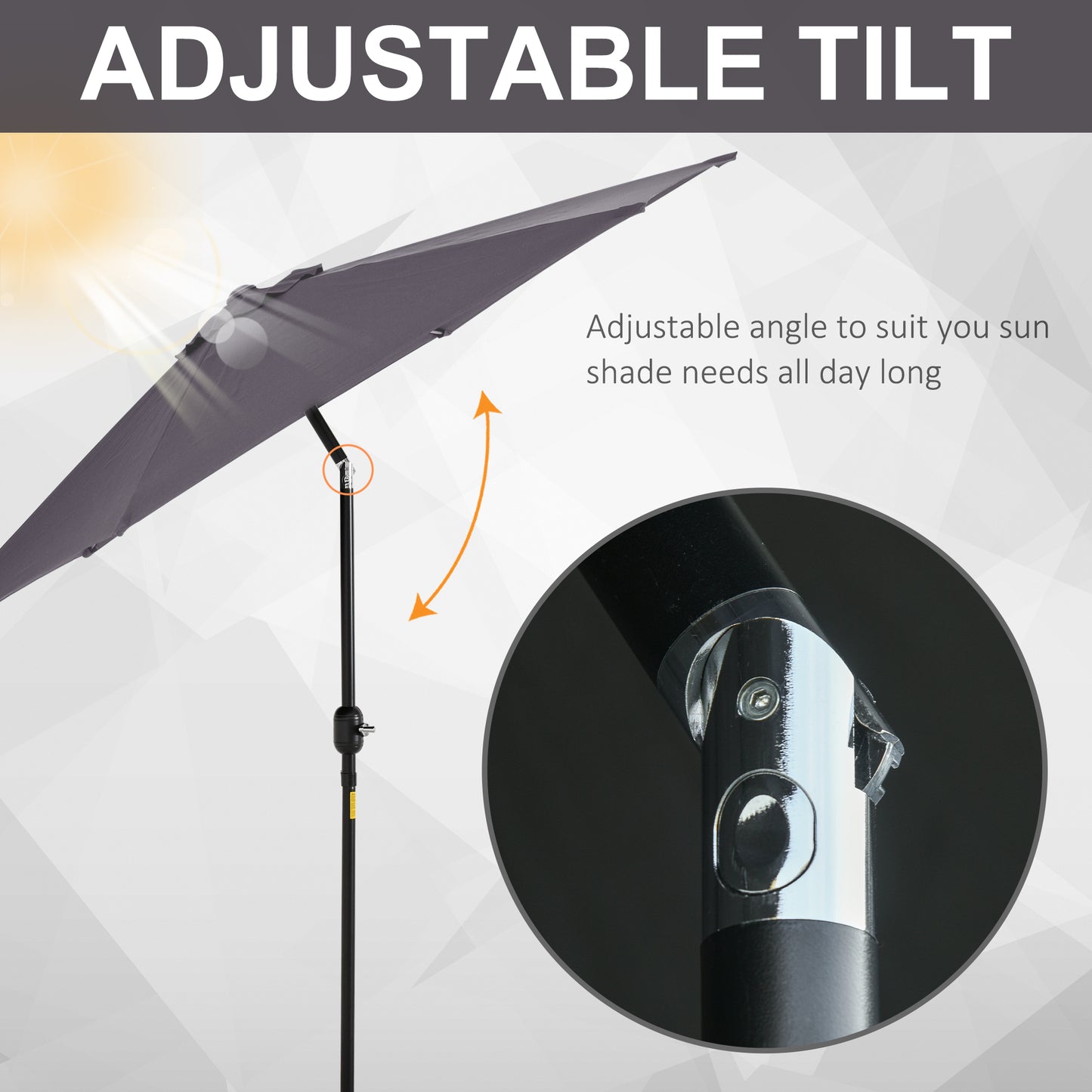 Outsunny 9' Round Aluminum Patio Umbrella 6 Ribs Market Sunshade Tilt Canopy w/ Crank Handle Garden Parasol Grey