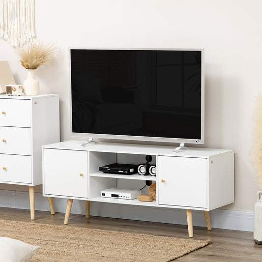 TV Stand Cabinet for TVs up to 55 Inches, Entertainment Unit with Storage Shelves and Wood Legs for Living Room, White