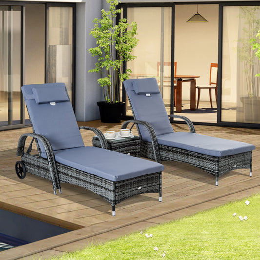 Outsunny 3 Pieces Patio Rattan Chaise Lounge Set, Outdoor PE Wicker Reclining Lounger Furniture Set, Adjustable Portable with Wheeled & Side Table, Grey