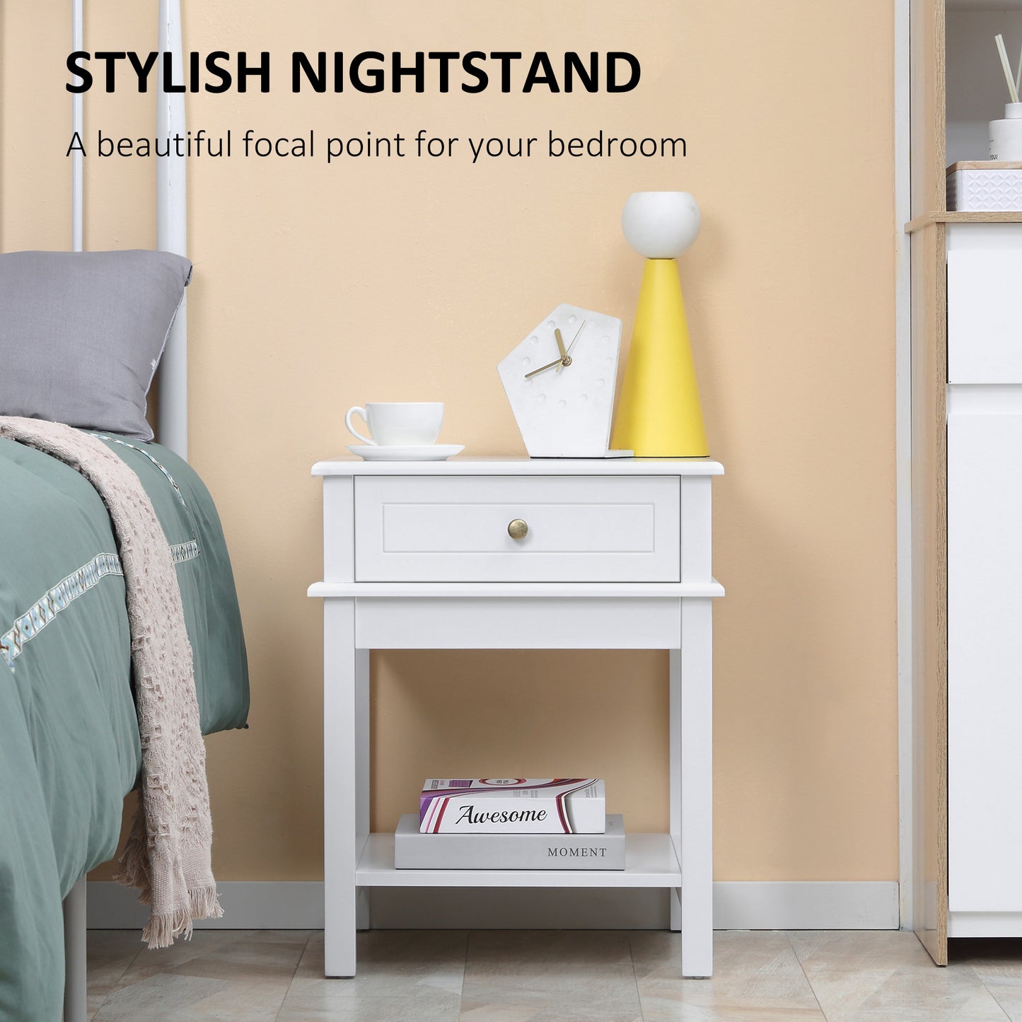 Modern Nightstand, Accent End Side Table with Drawer and Storage Shelf, Bedside Table for Bedroom Living Room, White