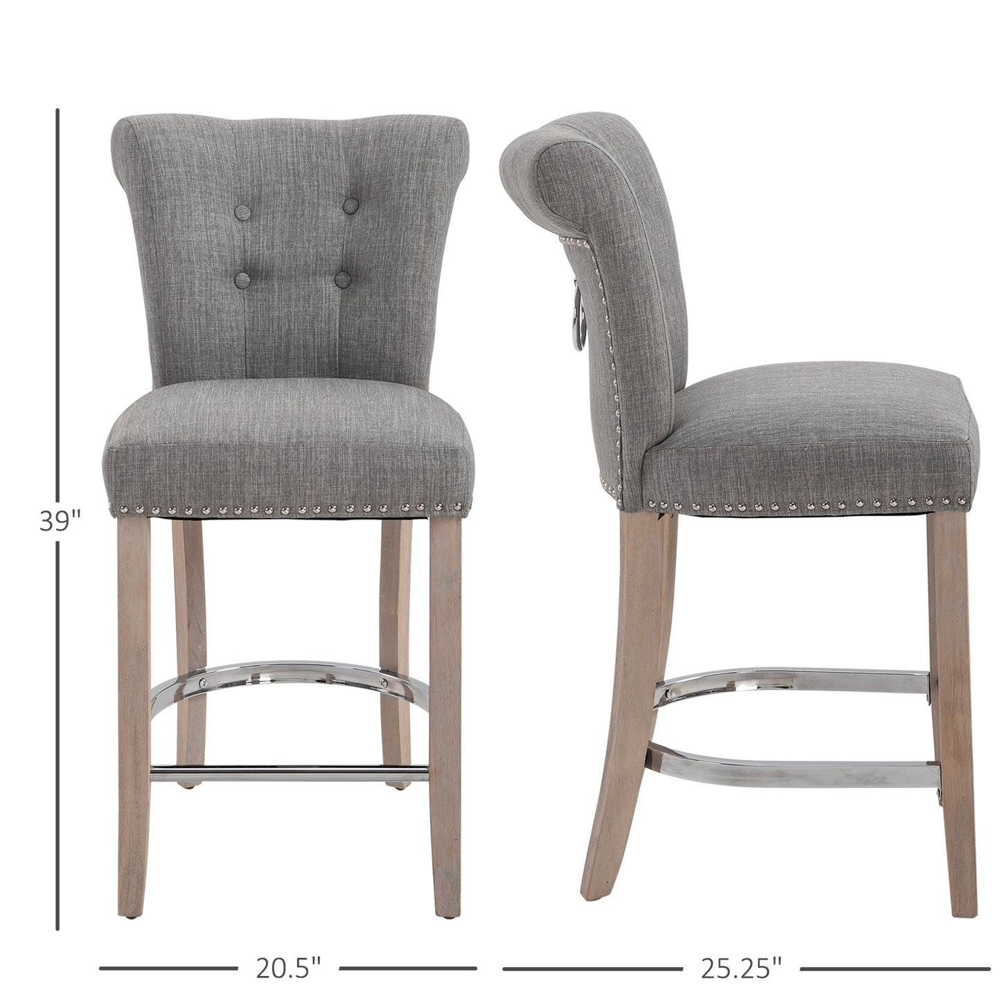 Linen Bar Stools Set of 2, Dining Chair with Footrest and Solid Wood Leg, Grey