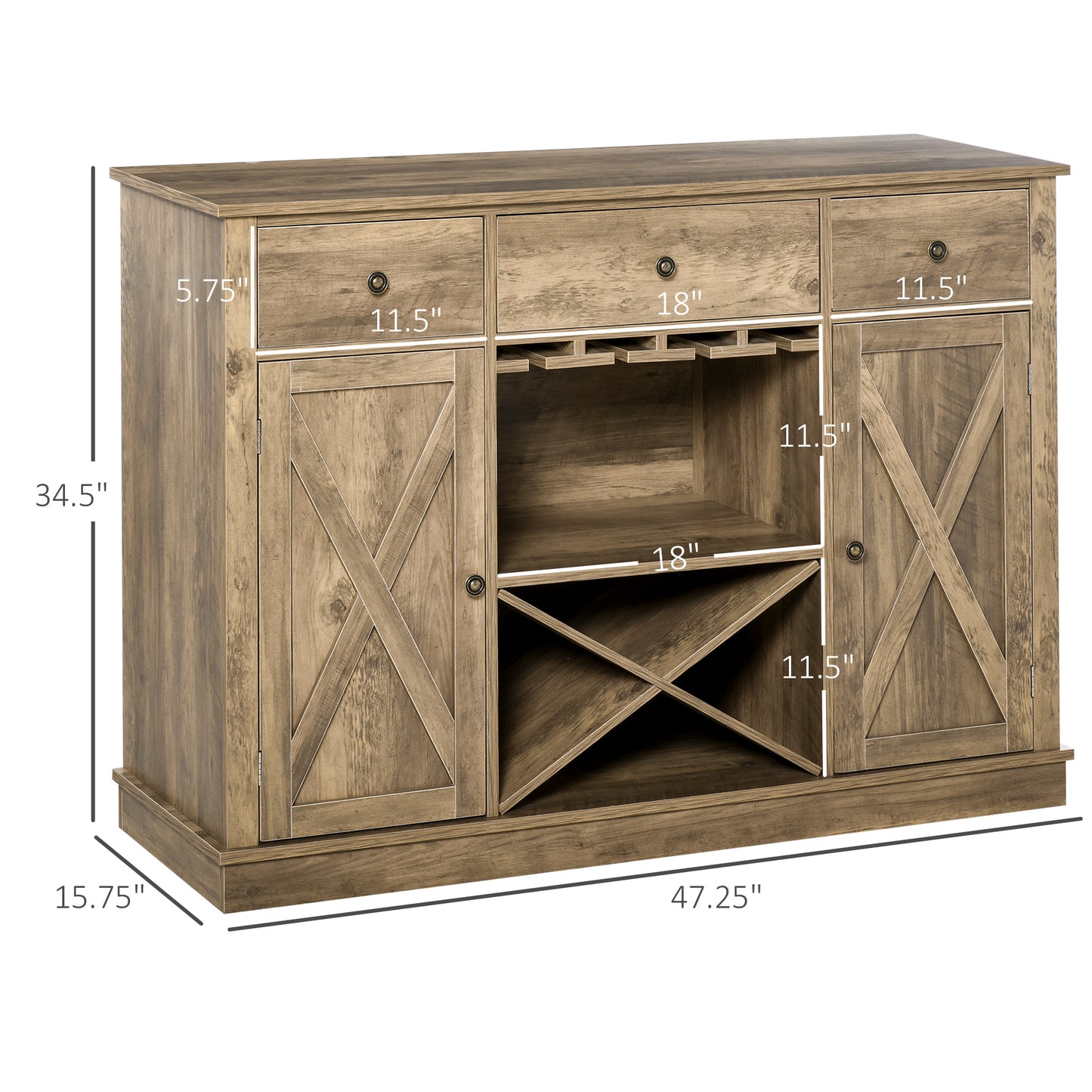 Farmhouse Sideboard Buffet Table Storage Cabinet with 3 Drawers, X-Shaped Wine Rack, Steamware Holder and Cabinets