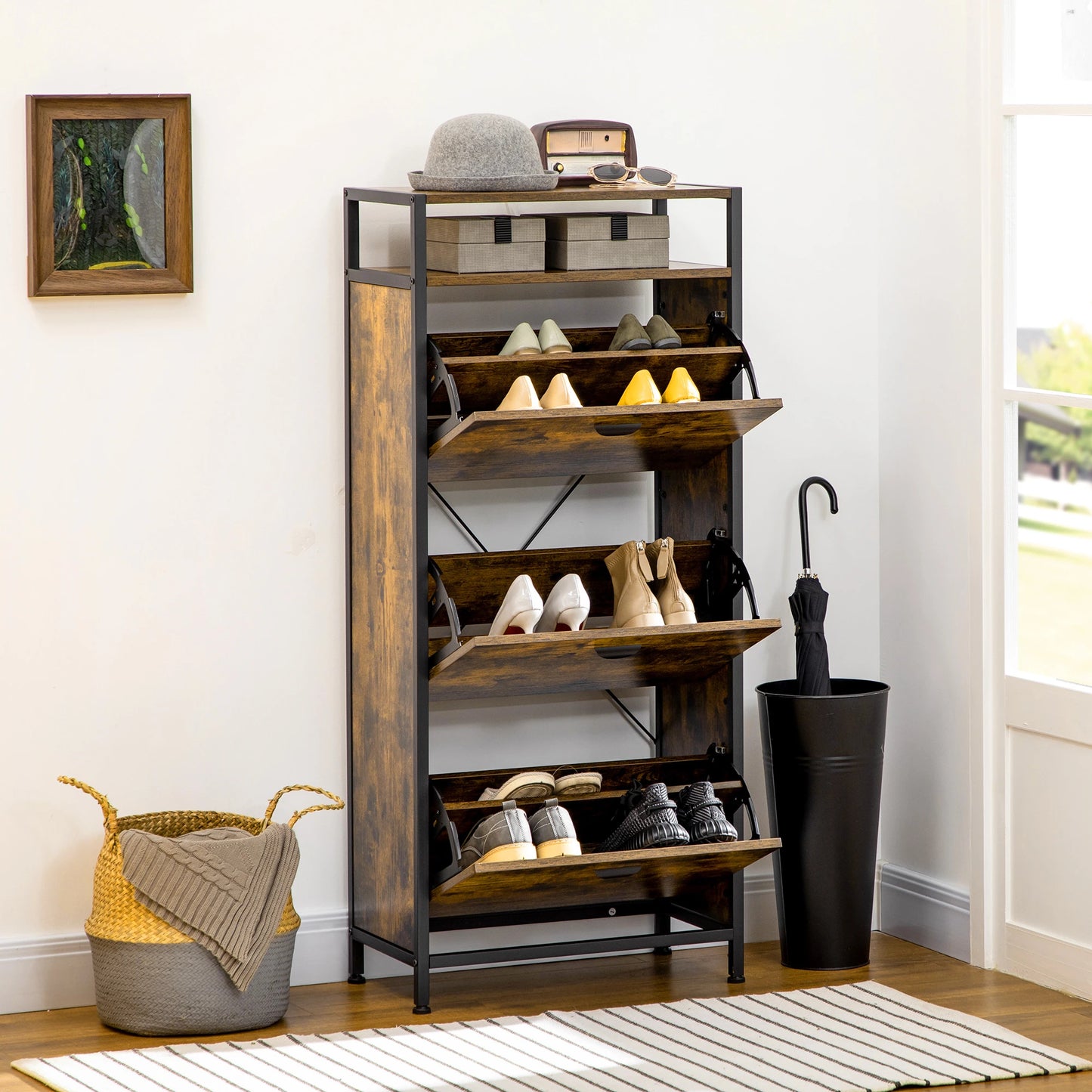 Industrial 12 Pair Shoe Storage Cabinet with 3 Flip Drawers and Open Shelf, Shoe Storage Organizer Rustic Brown