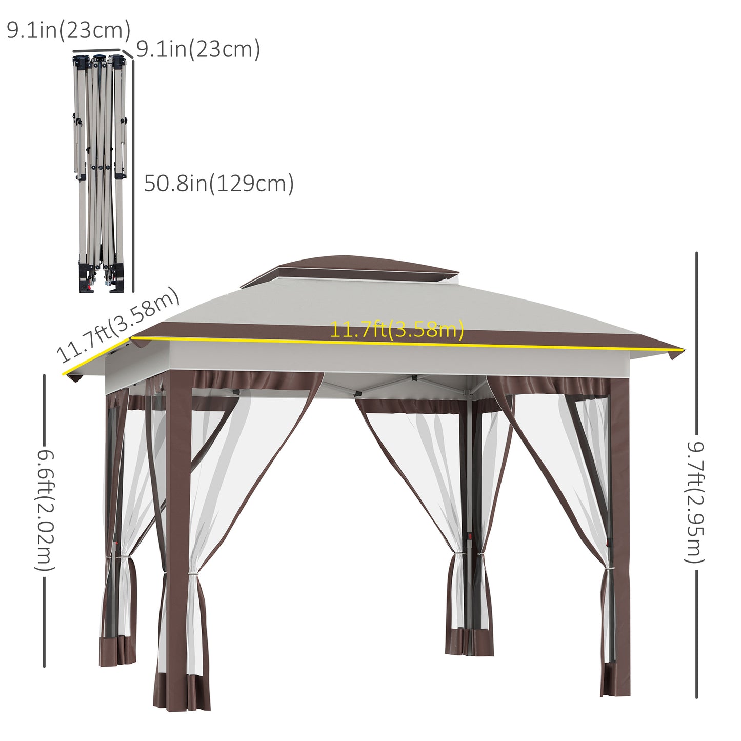 12' x 12' Pop Up Canopy Sun Shade Instant Tent Folding with Mesh Sidewalls, 3-Level Adjustable Height and Storage Bag, Beige