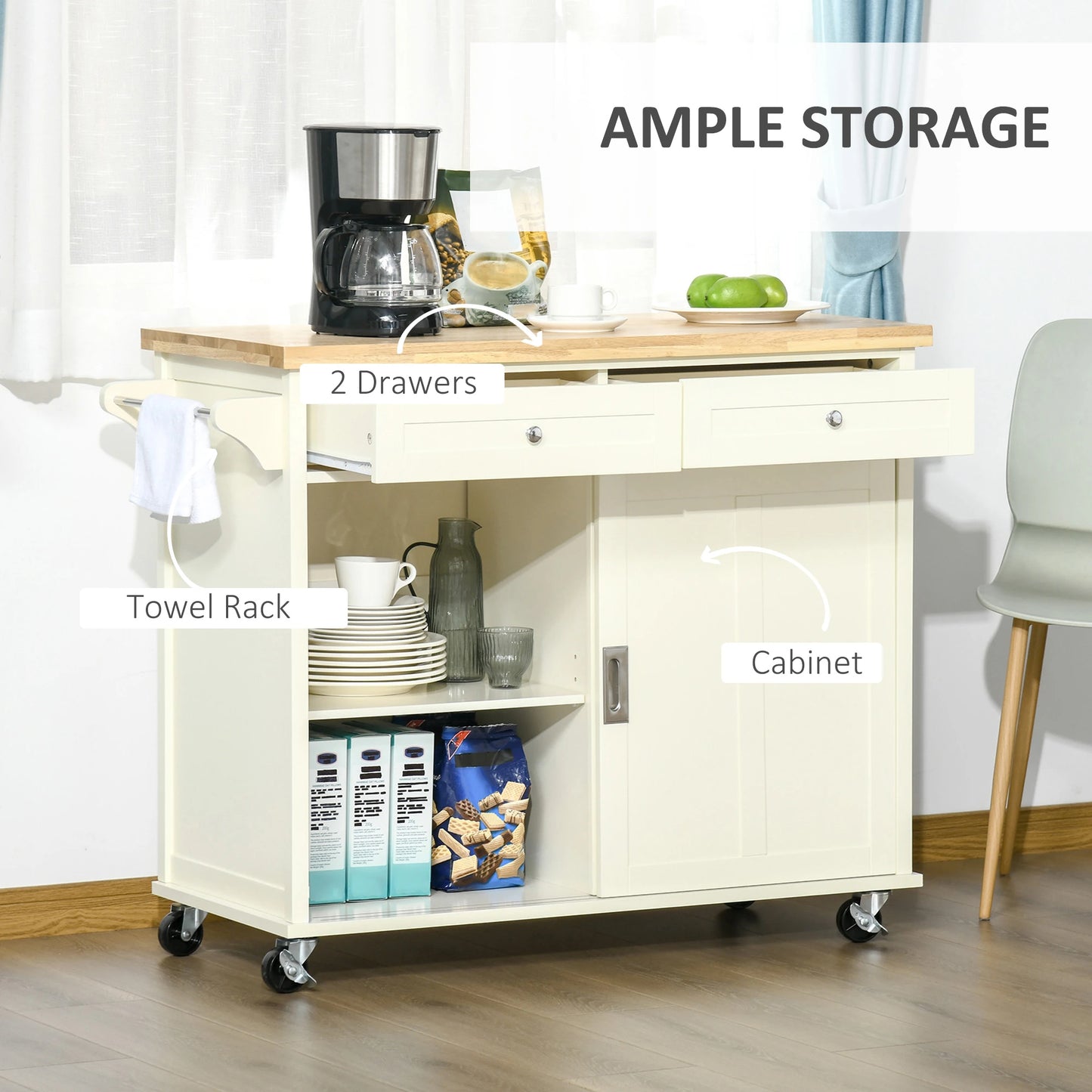 Rolling Kitchen Island Utility Trolley Storage Cart with Rubberwood Top, 2 Drawers, Towel Rack, Cream White