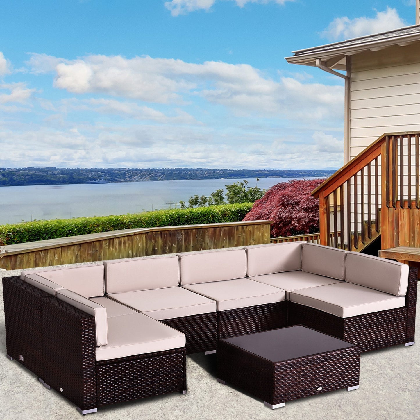 Outsunny 7 Pieces Patio Furniture Set, Outdoor Garden Sofa Set Sectional Set All Weather Rattan Conversation Set, Brown Khaki