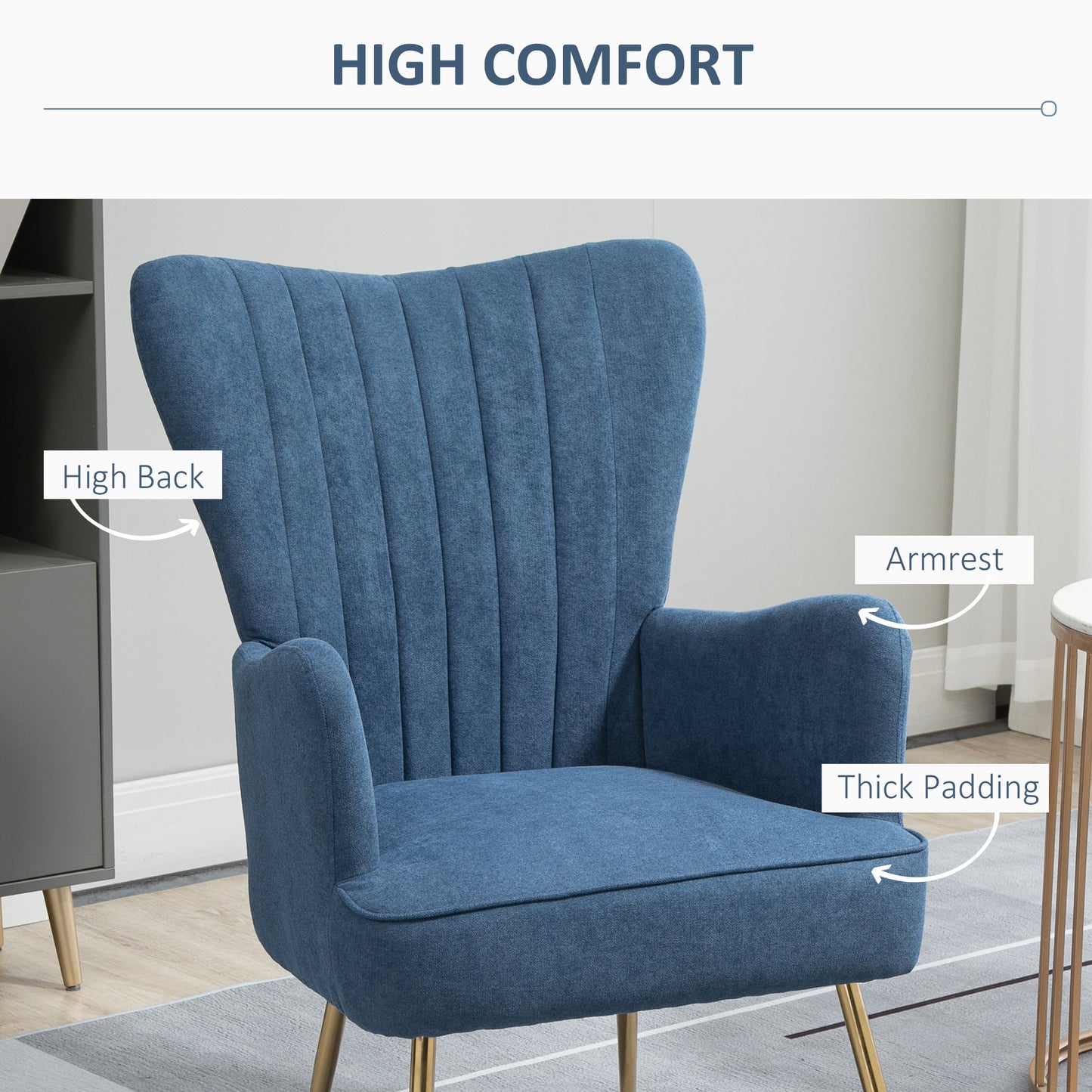 Velvet Accent Chairs, Modern Living Room Chair, Tall Back Leisures Chair with Steel Legs for Bedroom, Dinning Room, Waiting Room, Blue