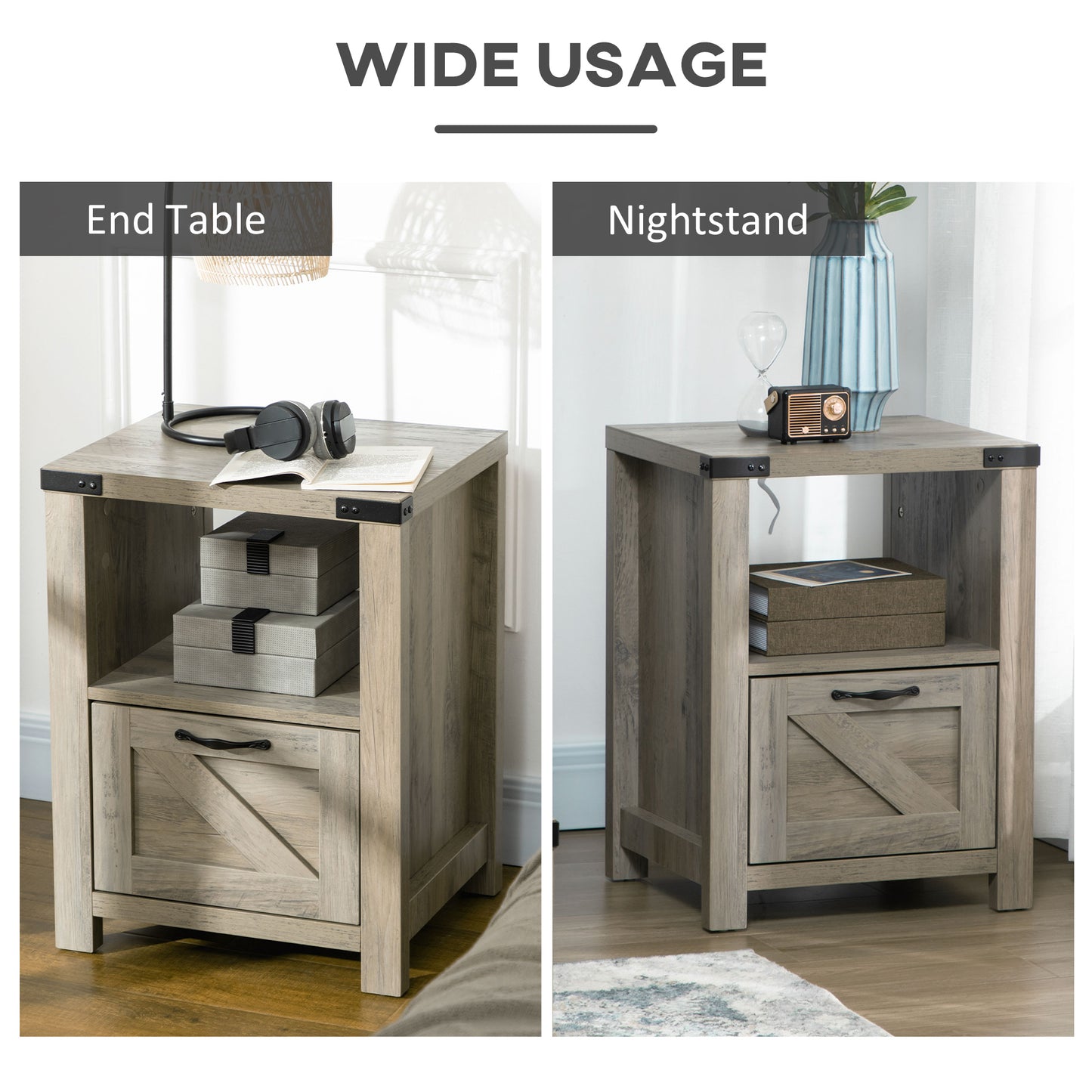 Industrial Side Table with Drawer and Open Shelf, Nightstand for Living Room or Bedroom