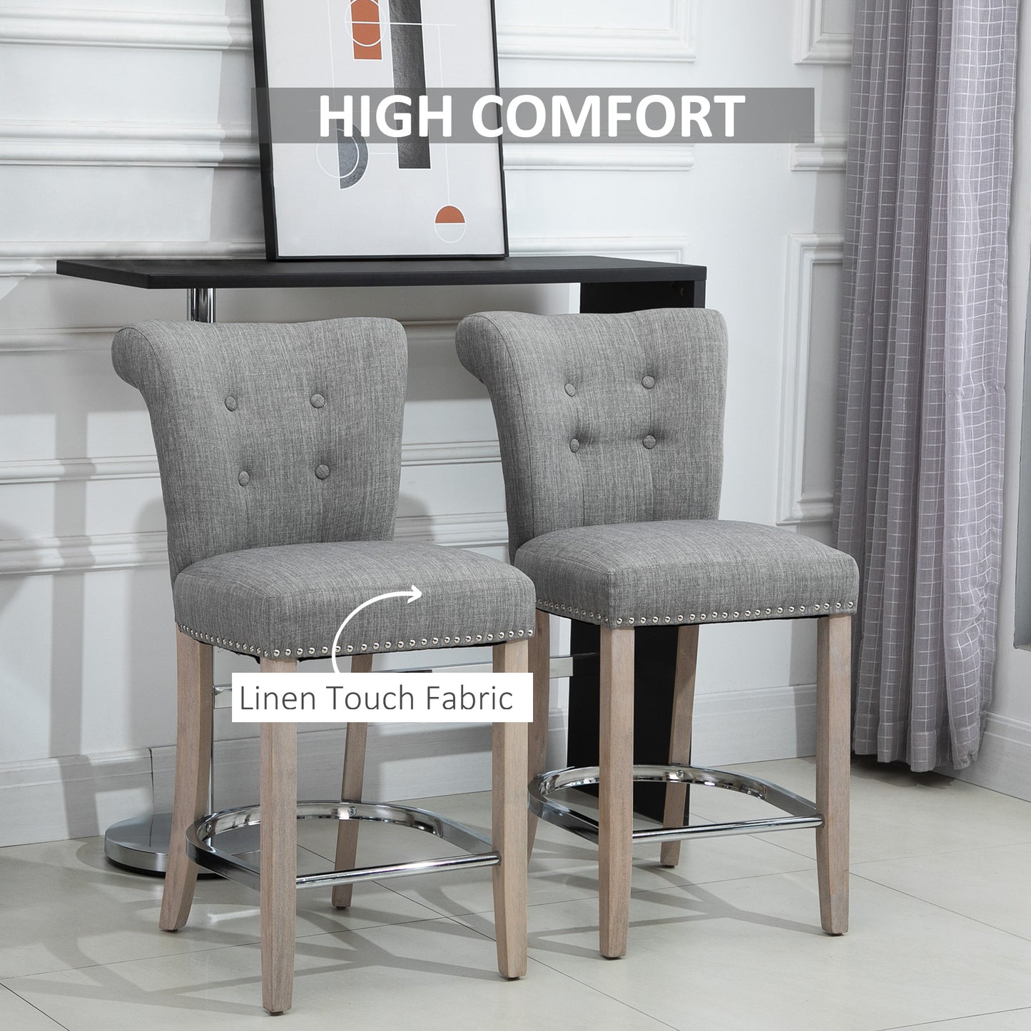 Linen Bar Stools Set of 2, Dining Chair with Footrest and Solid Wood Leg, Grey