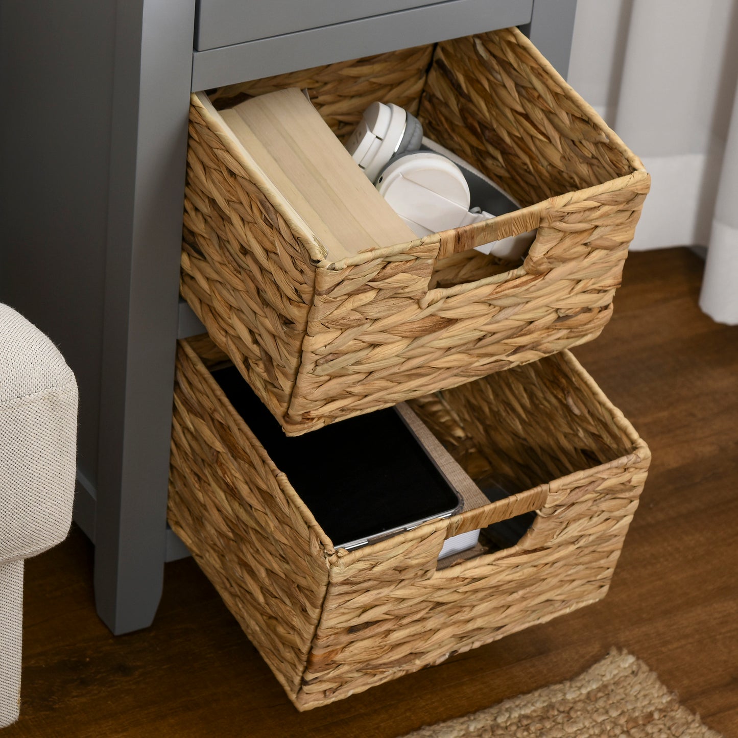 End Side Table with Removable Woven Baskets and Drawer for Living Room, Bedroom, 15.6"x11.8"x26.2", Grey