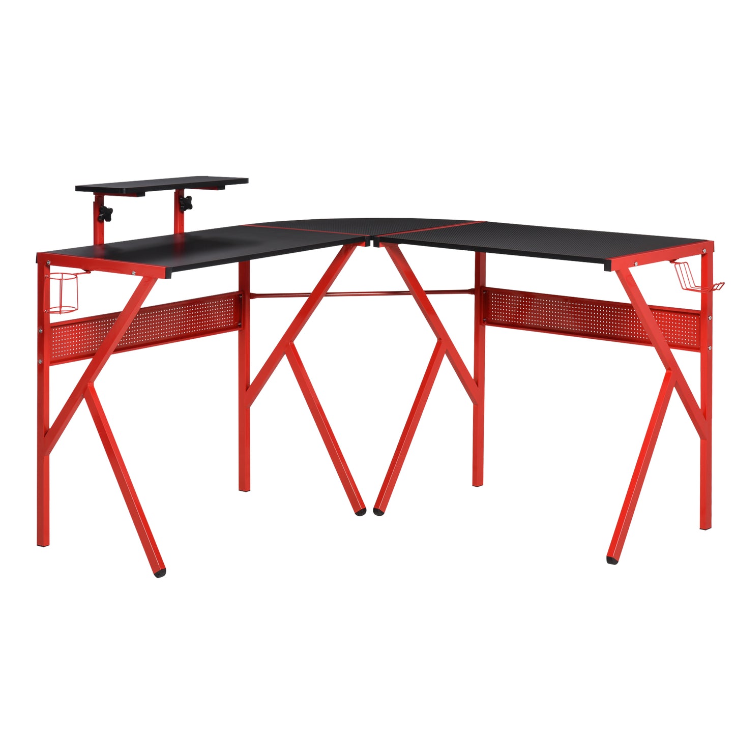 Gaming Desk, L-Shaped Corner Computer Table for Home Office, Workstations with Adjustable Monitor Stand Cup Holder Headphone Hook 49.25" x 49.25" x 29.5" Red