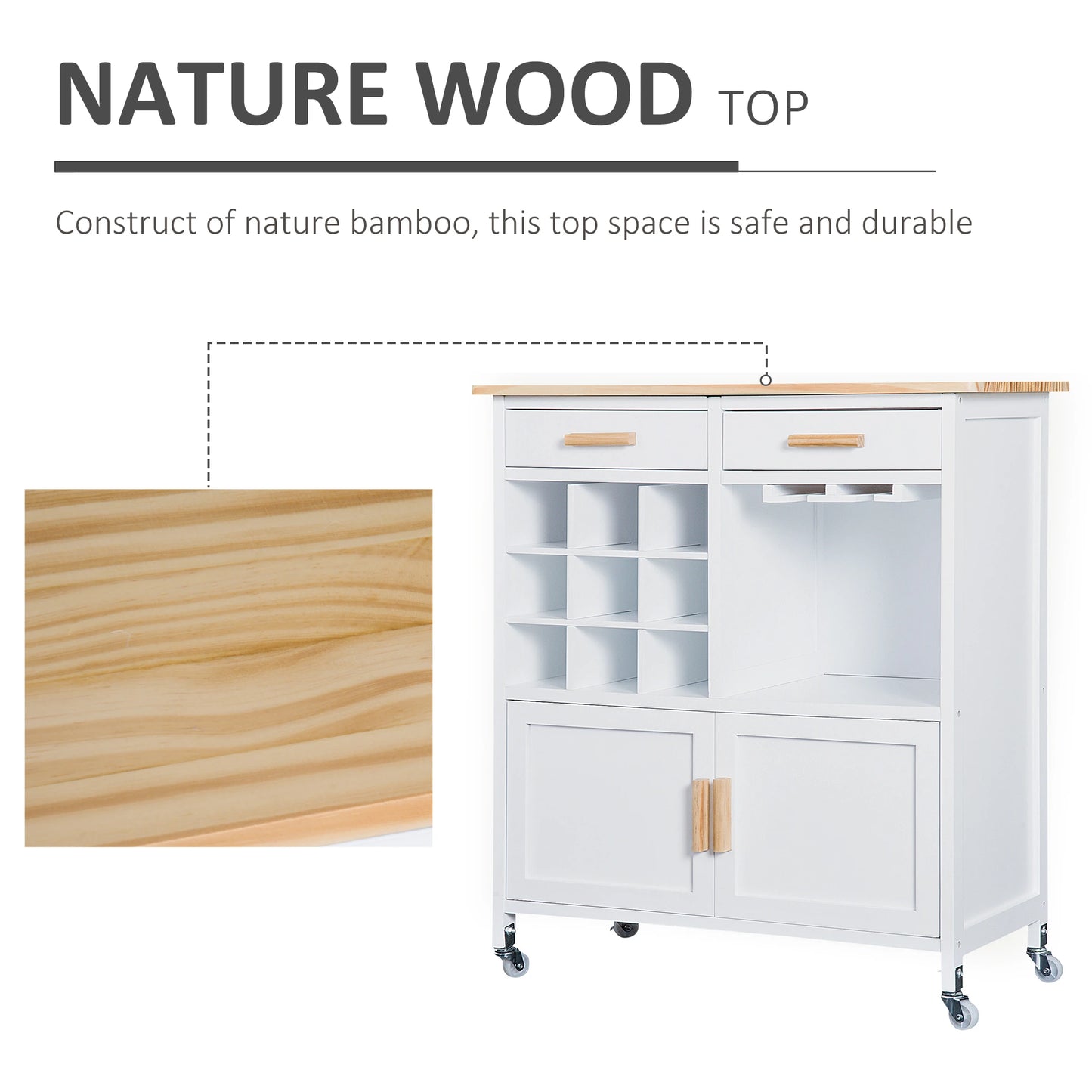 Portable Kitchen Trolley with Bamboo Top Storage Cabinet and Wine Rack (White)